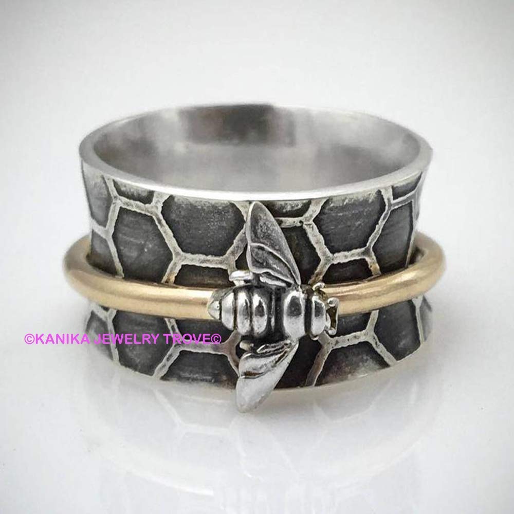 925 Sterling Silver & Gold Bee Spinner Ring - Adjustable Honeycomb Jewelry for Women | Dainty Stackable Ring, Gift for Her, Nature Inspired Fashion Accessory (Perfect for Boho Style & Everyday Wear)