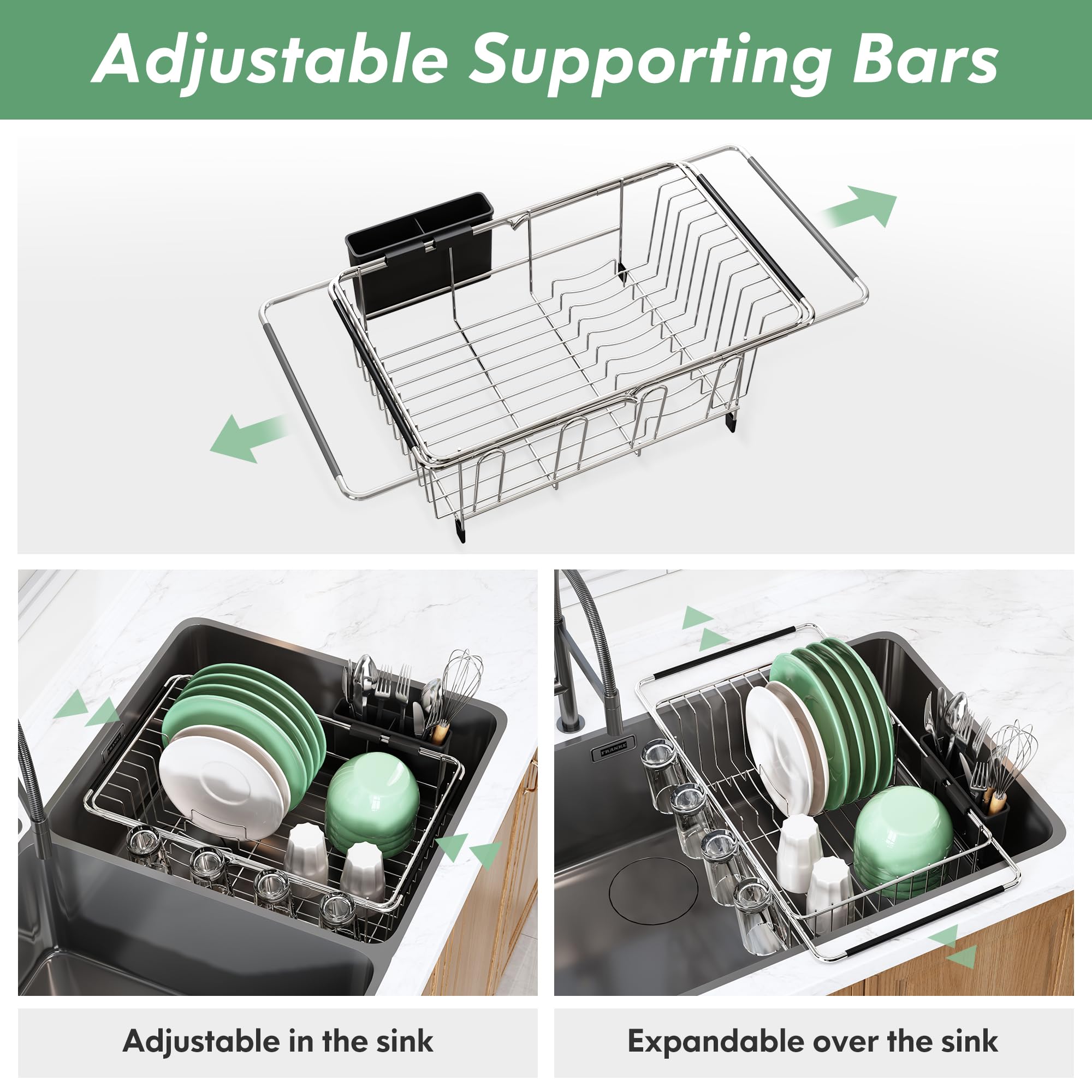 MAJALiS Stainless Steel Over The Sink Dish Drying Rack with Utensil Holder - Compact Space Saving Kitchen Sink Drainer, Silver | Perfect for Small Apartments, RVs & Countertop Organization