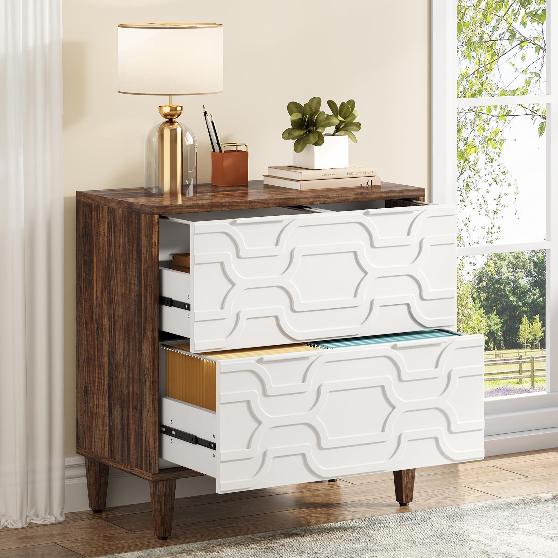 Tribesigns 2-Drawer Lateral File Cabinet for A4/Letter/Legal Size Documents - Office Storage Cabinet with Printer Stand, Home Office Organization Solution in Brown & White - Perfect for Paper Storage, Printer Organization & Workspace Decluttering