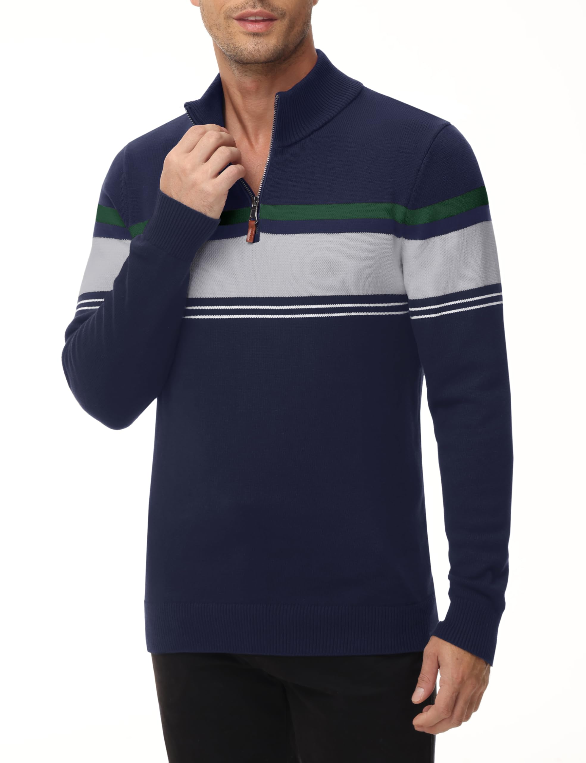 MAGNIVIT Men's Quarter Zip Striped Sweater Pullover - Color Block Polo Sweatshirt for Fall Winter Spring | Casual Wear & Outdoor Activities