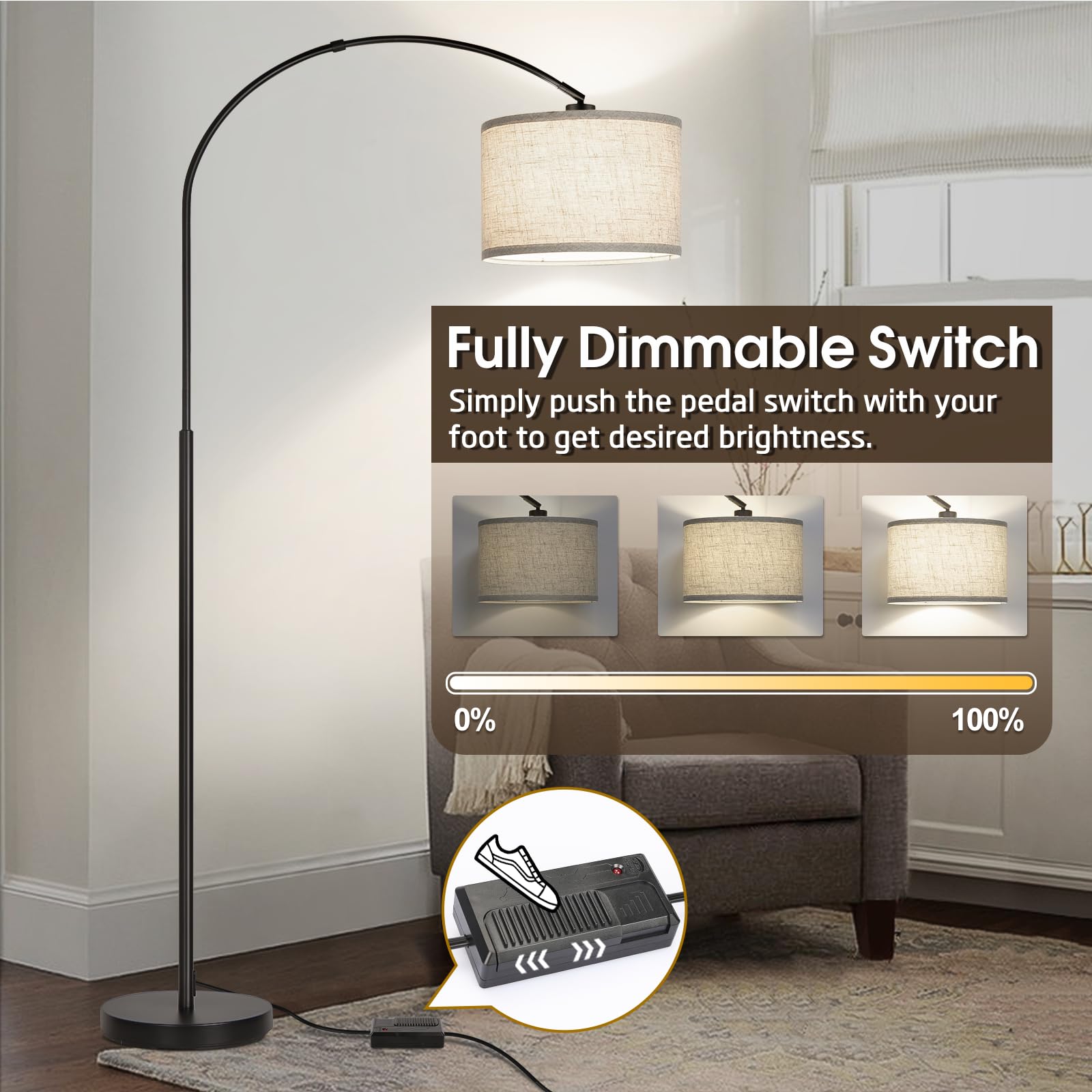 Dimmable Arc Floor Lamp with Adjustable Hanging Shade - 9W LED Bulb Included - Modern Black Standing Lamp for Living Room, Bedroom - Perfect Over Couch Tall Reading Light & Ambient Lighting