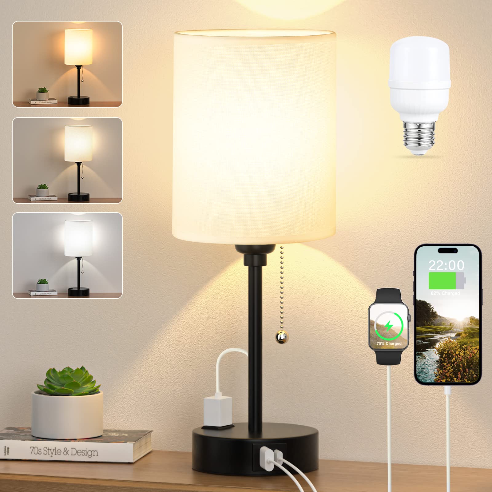 3-Color Temperature USB Bedside Lamp with USB-C/A Ports & AC Outlet - Pull Chain Nightstand Light for Bedroom, Kids Reading, Office Desk - White Modern Table Lamp with Black Metal Base (Dimmable, Space-Saving Design)