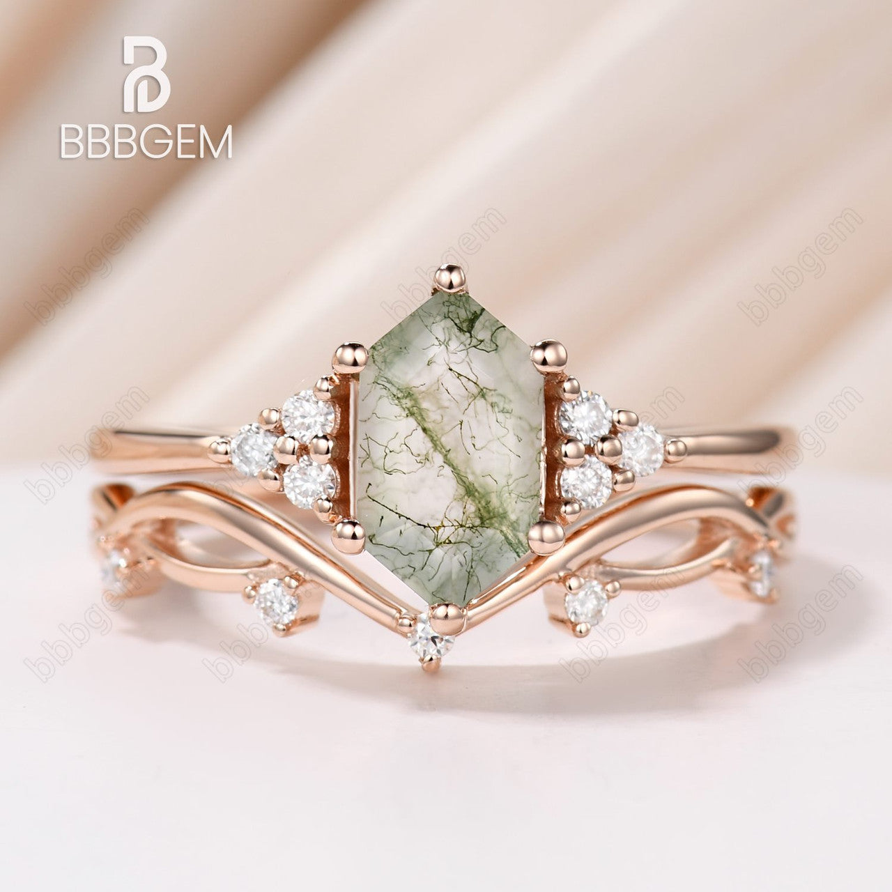 Vintage Moss Agate Hexagon Cut Branch Leaf Vine Art Deco Promise Ring Set for Women - Nature Inspired Jewelry for Engagement, Wedding, Anniversary & Everyday Boho Fashion