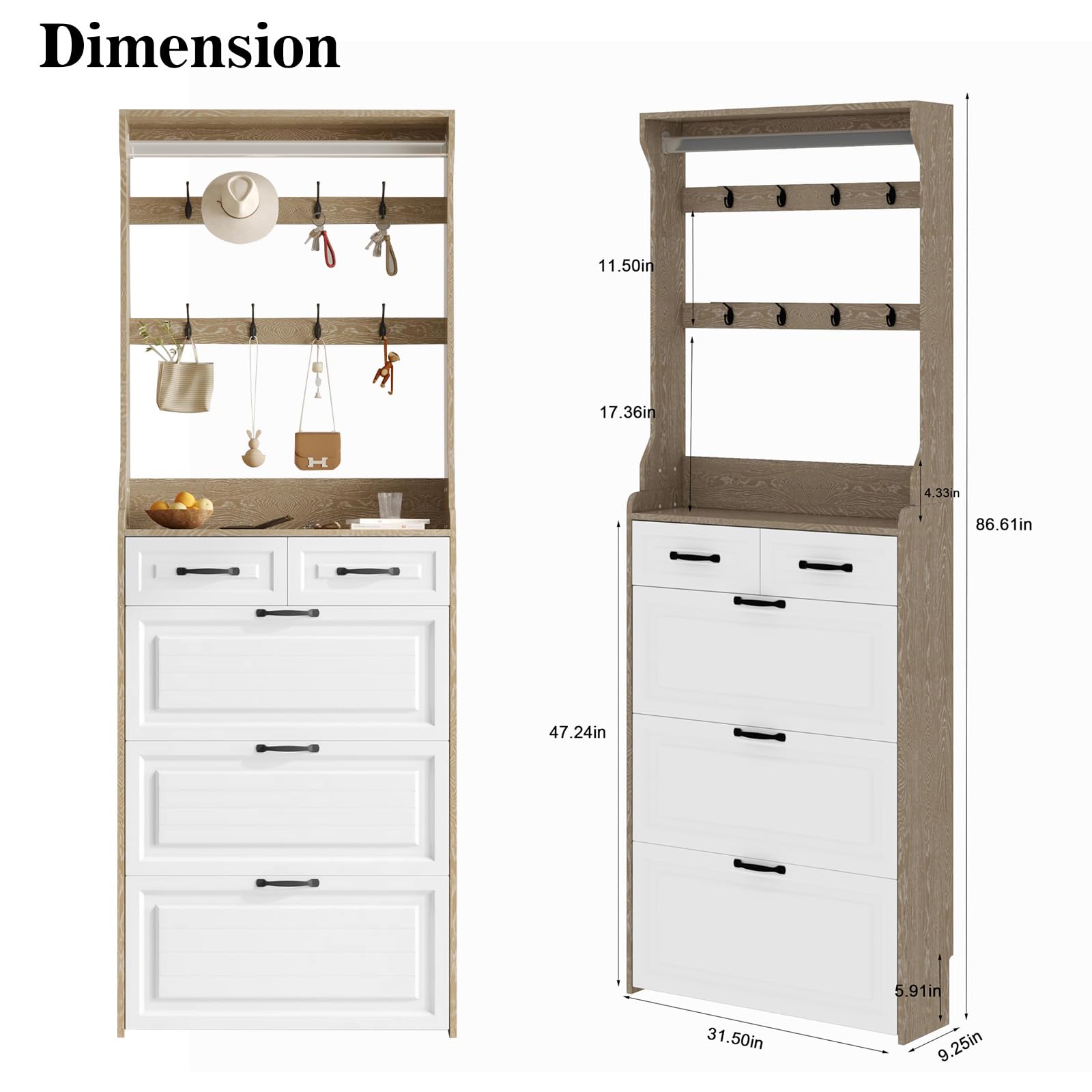 WIIS' IDEA 3-Tier Flip Front Shoe Cabinet with 2 Drawers - Freestanding Entryway Shoe Storage Organizer - Hidden Wooden Shoe Rack for Small Spaces - Narrow Farmhouse Style Shoe Cabinet with Legs (Brown) - Perfect for Hallway, Closet & Apartment Organization