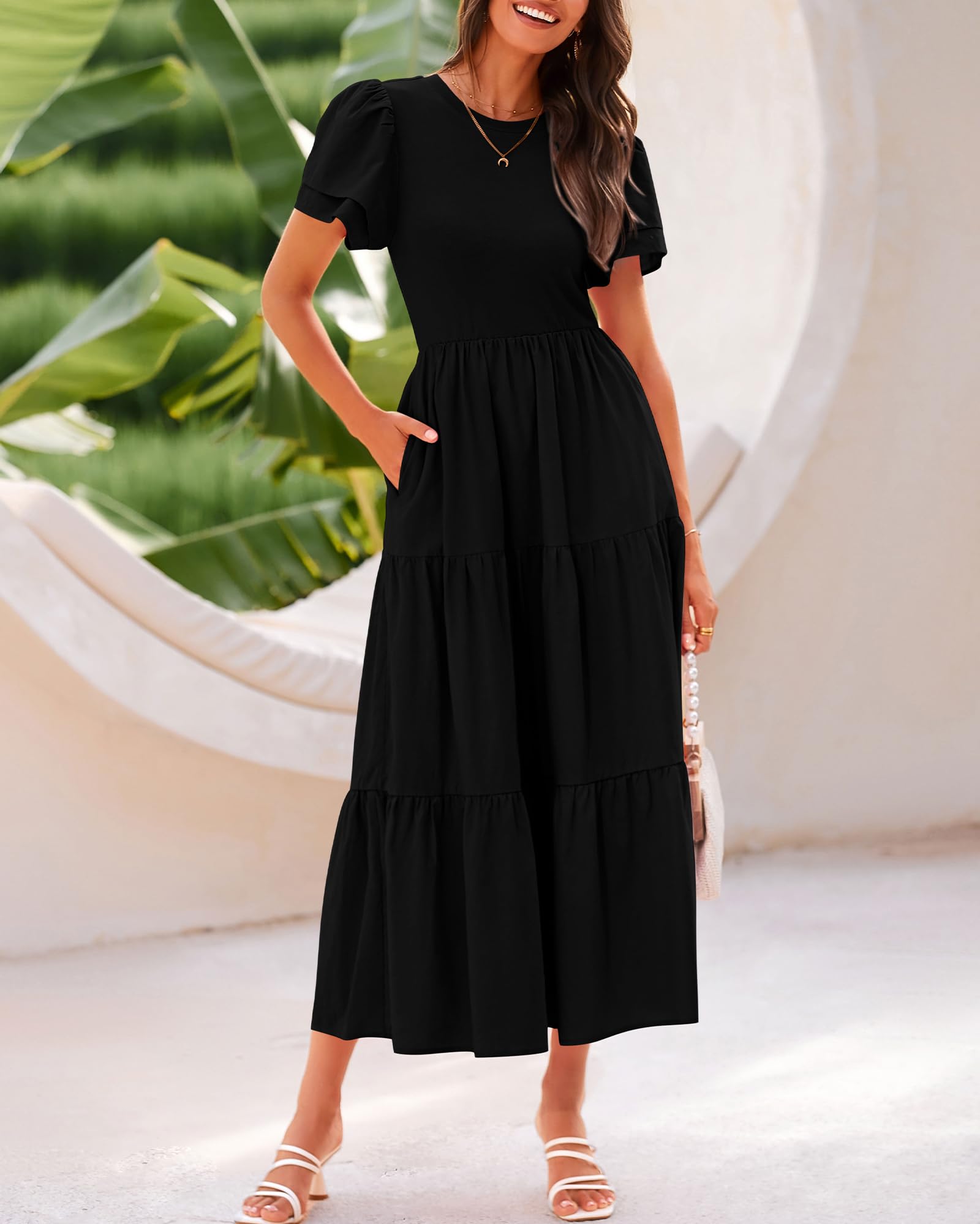 BTFBM Women's Casual Summer Dresses 2025 - Spring Crewneck Short Sleeve Tiered Flowy Boho Maxi Dress with Pockets for Beach Vacation, Travel & Outdoor Activities