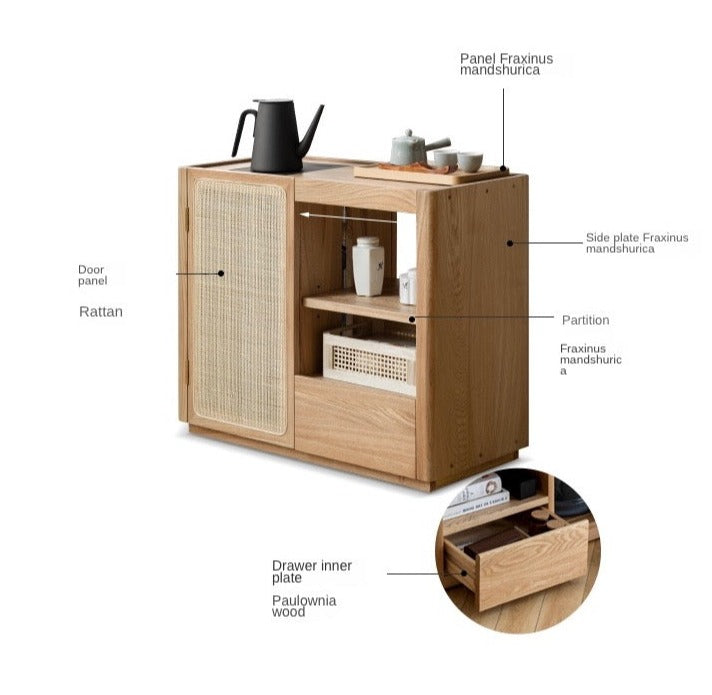 Solid Oak and Ash Wood Tea Maker Mobile Side Cabinet - Portable Side Table for Living Room, Bedroom, or Office