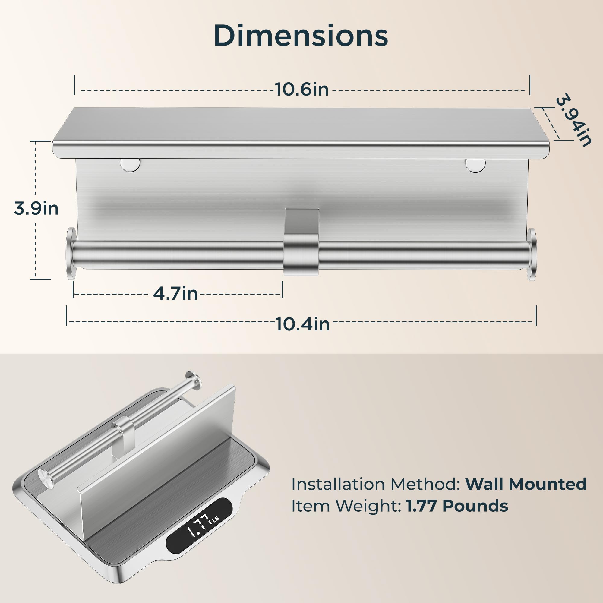 FORIOUS Double Toilet Paper Holder with Shelf - Wall Mount Bathroom Tissue Roll Dispenser - 304 Stainless Steel Commercial Toilet Paper Organizer with Phone Shelf - Brushed Nickel Finish - Ideal for Home, Office & Public Restrooms