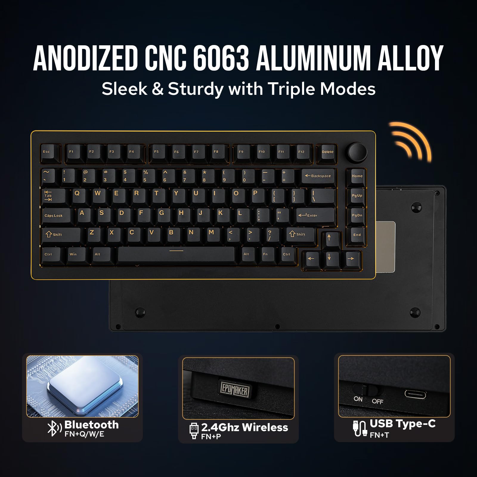 EPOMAKER Tide75 Wireless Mechanical Keyboard - 75% Aluminum Body, QMK/VIA Programmable, Hot-Swap Switches, FR4 Plate, Bluetooth/2.4Ghz/USB-C Connectivity, RGB Backlit, NKRO (Black) - Perfect for Gaming, Coding & Office Work
