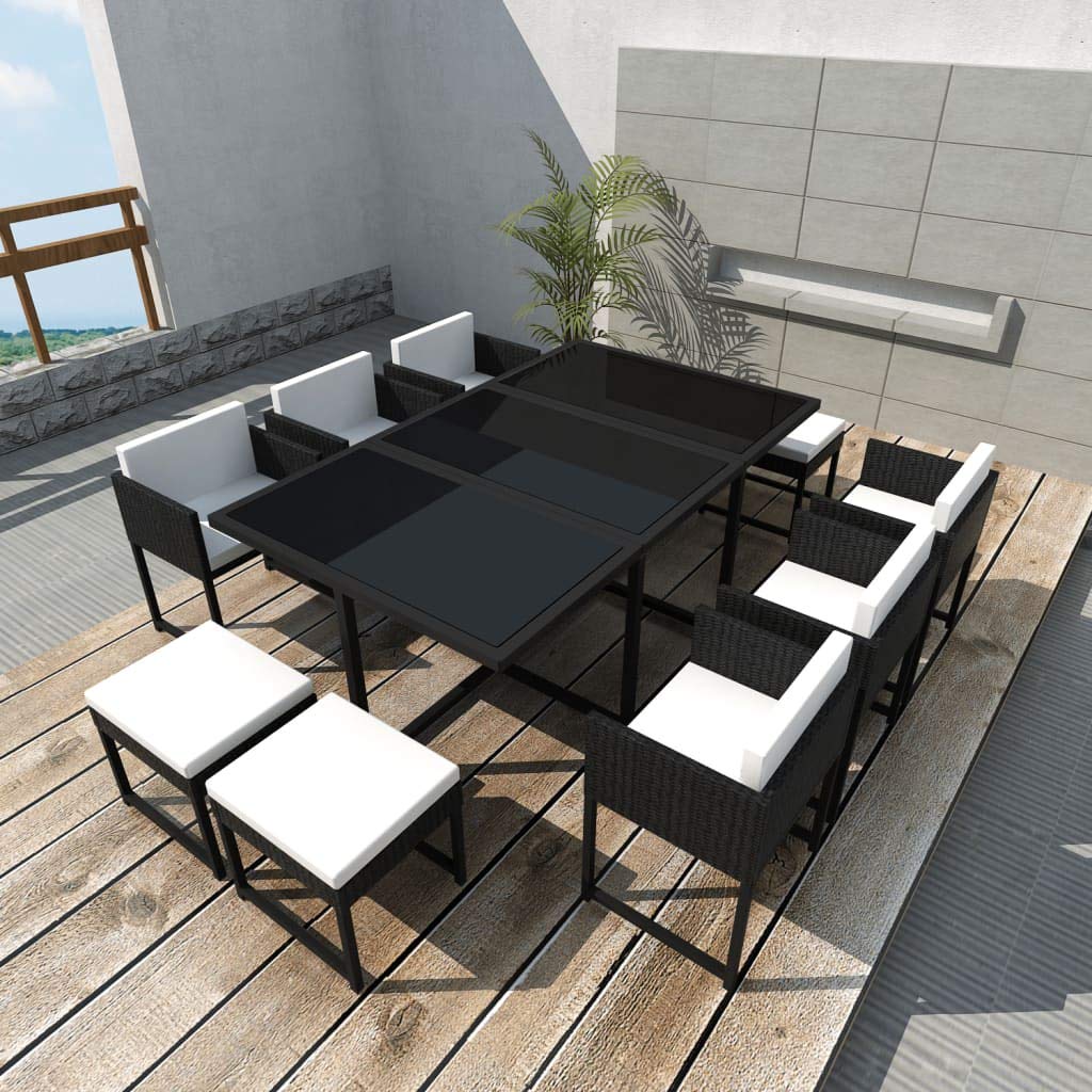 Premium 11-Piece Rattan Outdoor Dining Set with Cushions & Tempered Glass Tabletop - Patio Furniture for Backyard, Garden, Poolside Entertaining - Weather-Resistant Wicker Bistro Set for Al Fresco Dining