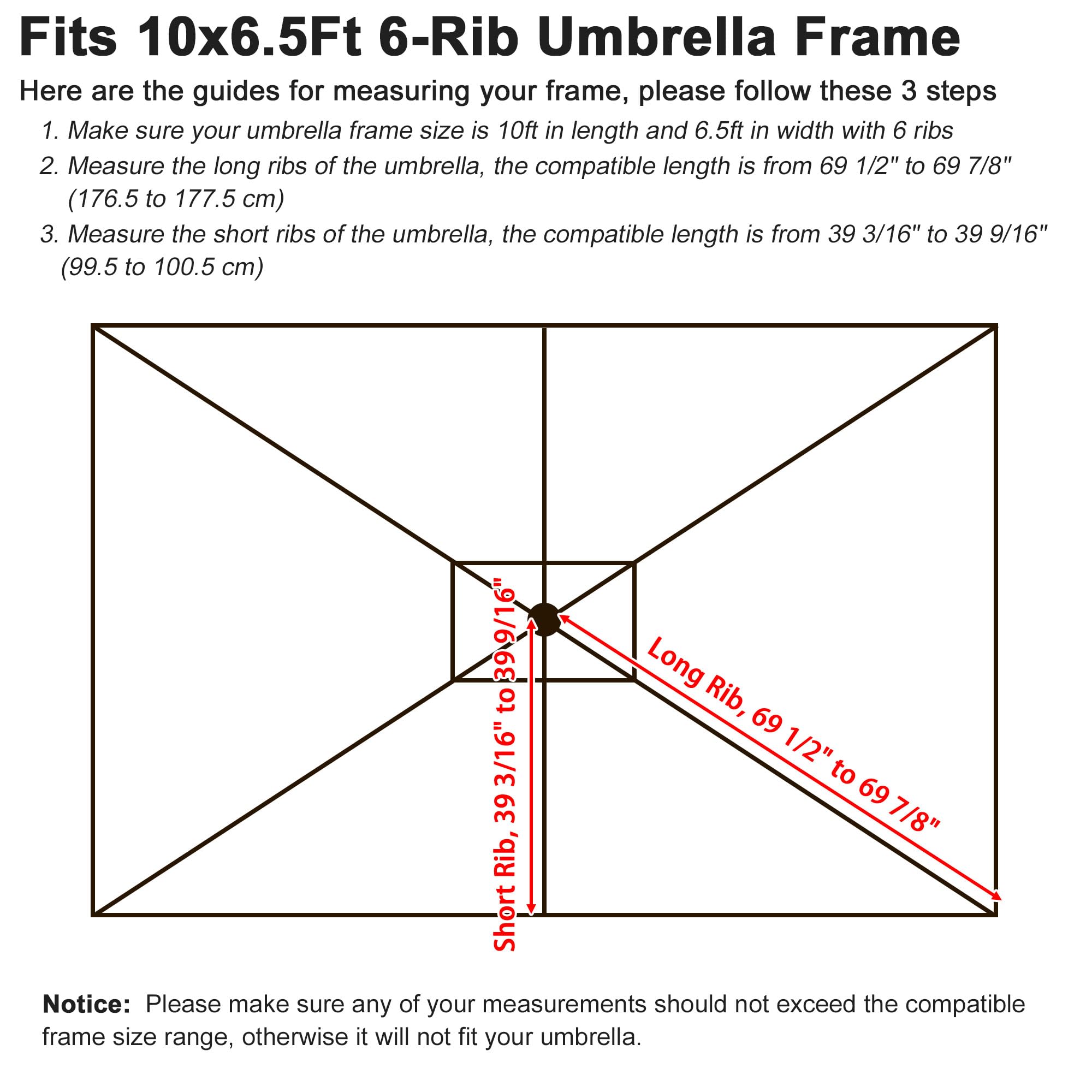 Yescom 10x6.5 Ft Replacement Canopy for Patio Umbrella - Durable Sun Shade Cover for Outdoor Market Tables, Perfect for Backyard, Poolside, and Beach Use