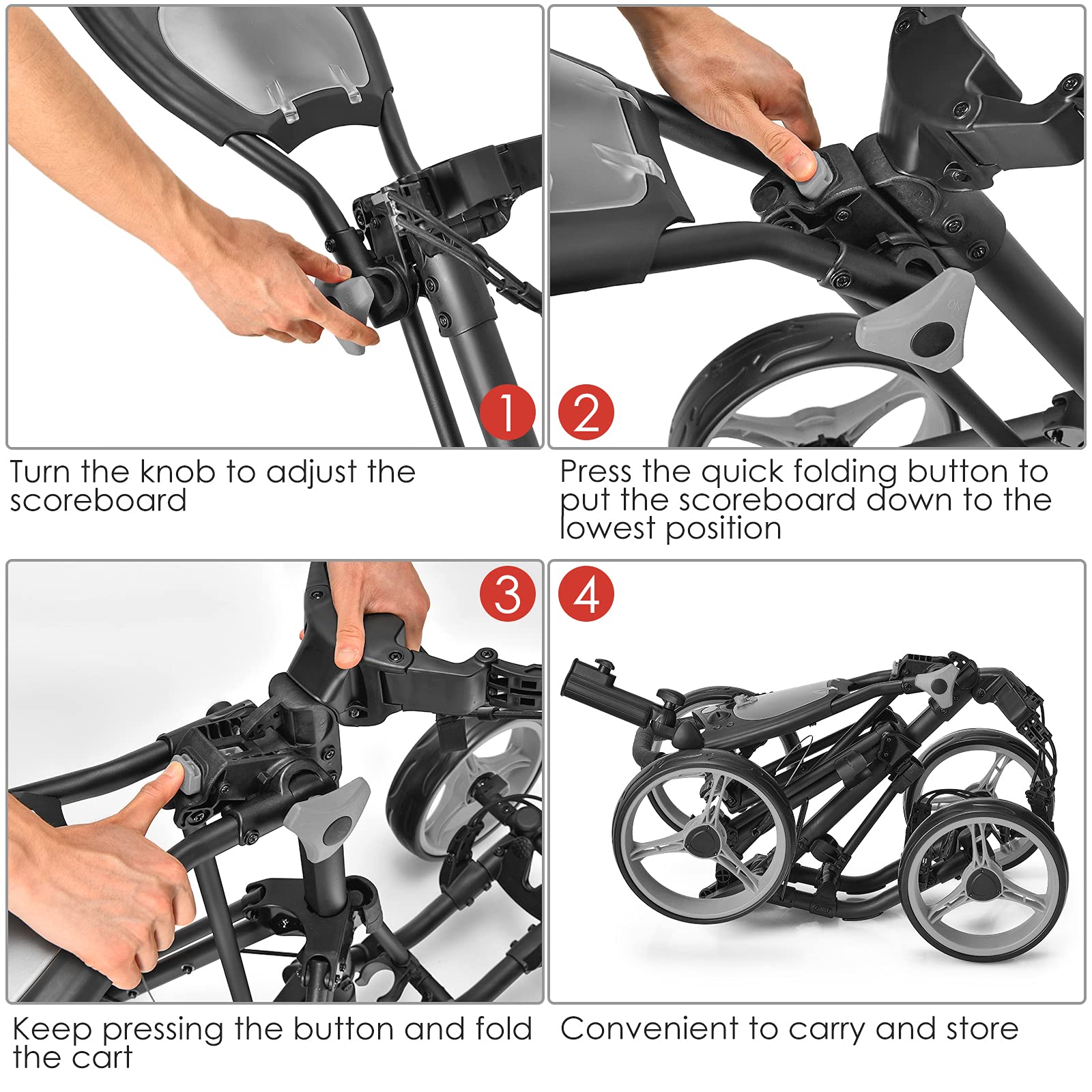 GYMAX 4 Wheel Folding Golf Push Cart - Adjustable Height Golf Trolley with Umbrella Holder, Cup Holder & Foot Brake - Lightweight Portable Golf Caddy for Adults & Teens - Perfect for Golf Courses, Driving Ranges & Outdoor Practice