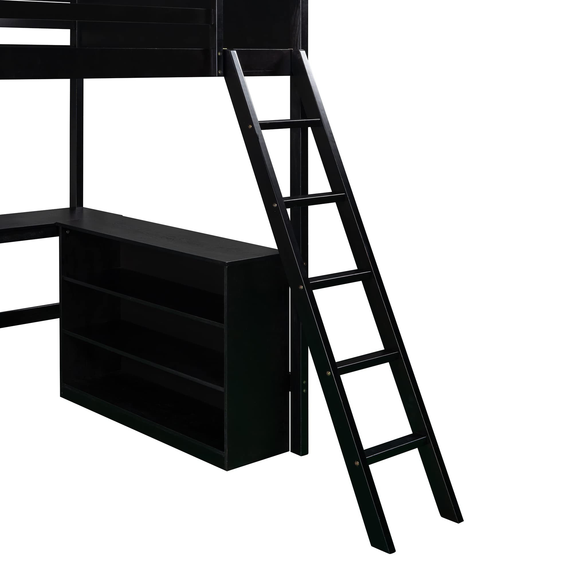 Merax Full Size Loft Bed with 3-Tier Shelves & Built-in Study Desk - Space Saving Wooden Bunk Bed for Kids & Teens - Sturdy Frame with Safety Ladder & Full-Length Guardrail in Espresso Finish - Perfect for Small Bedrooms, Dorms & Studio Apartments