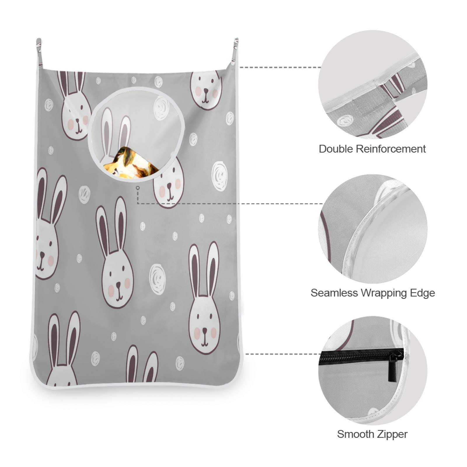 Easter Bunny Hanging Laundry Hamper Bag - Grey Over The Door Clothes Storage Basket with Hooks for Bathroom, Bedroom & College Dorm - Space Saving Dirty Clothes Organizer for Easter Decor & Daily Use