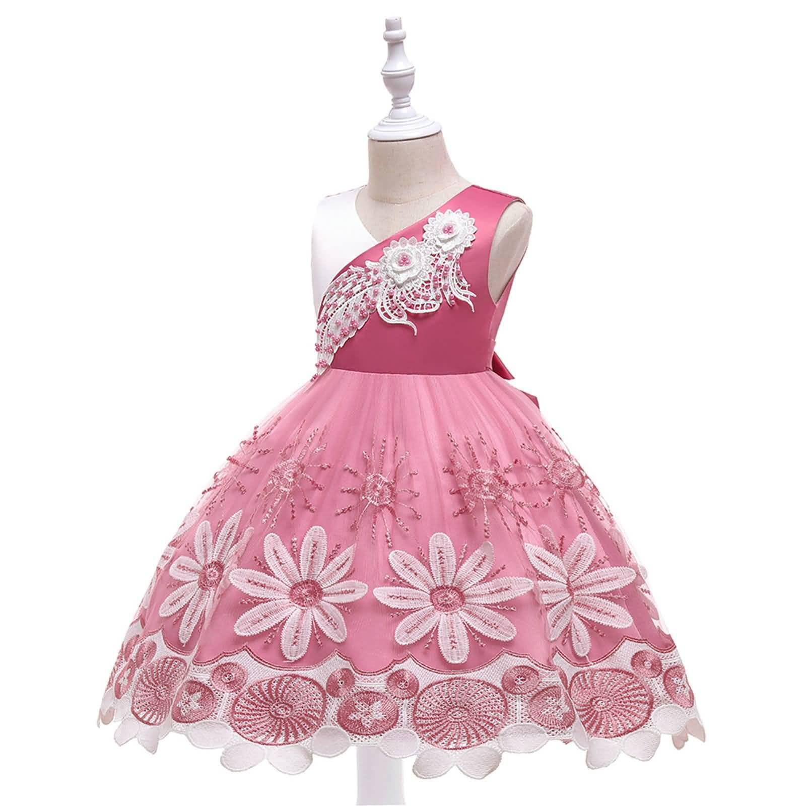 Gualiy Girls Ball Gown Flower Girl Dress | Embroidered Tulle Dress with Beads | Birthday Party, Wedding, Special Occasion Dress for Girls Age 4-10 Years | Mauve Pink Formal Dress for Flower Girls, Pageants & Celebrations