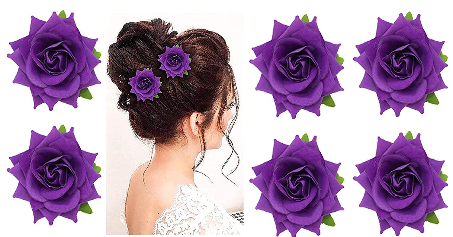 Boxo Set of 6 Velvet Rose Flower Hair Clips for Women & Girls - Elegant Purple Hair Accessories for Wedding, Prom, Party & Everyday Wear