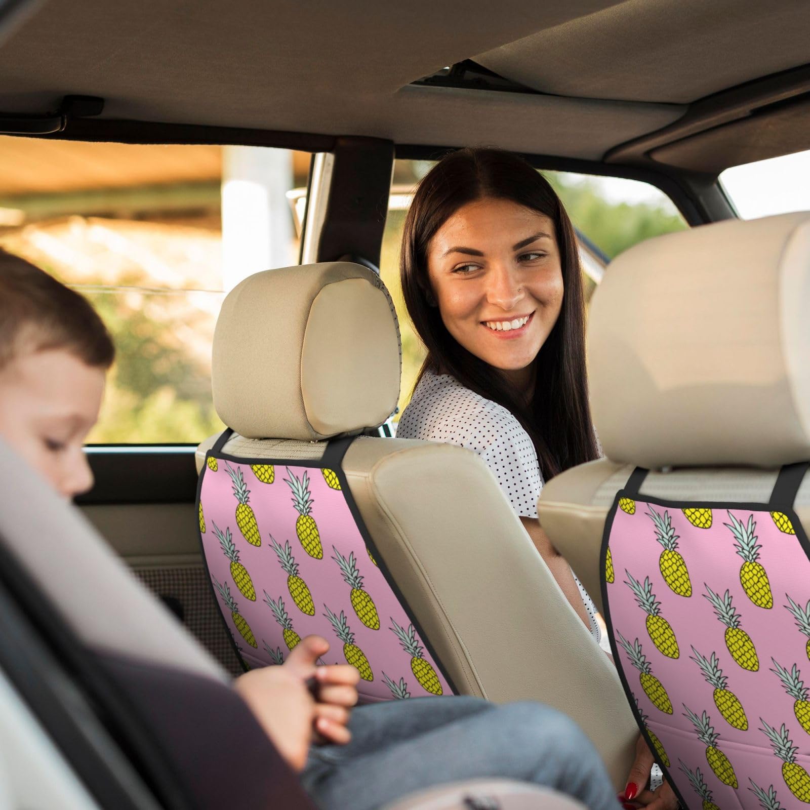 2-Piece Backseat Car Organizer Set - Cute Yellow Pineapple & Pink Car Storage Organizer for Seats | Car Seat Organizer with Pockets | Perfect for Road Trips, Kids Toys & Car Accessories (Ideal for SUVs, Minivans & Family Cars)