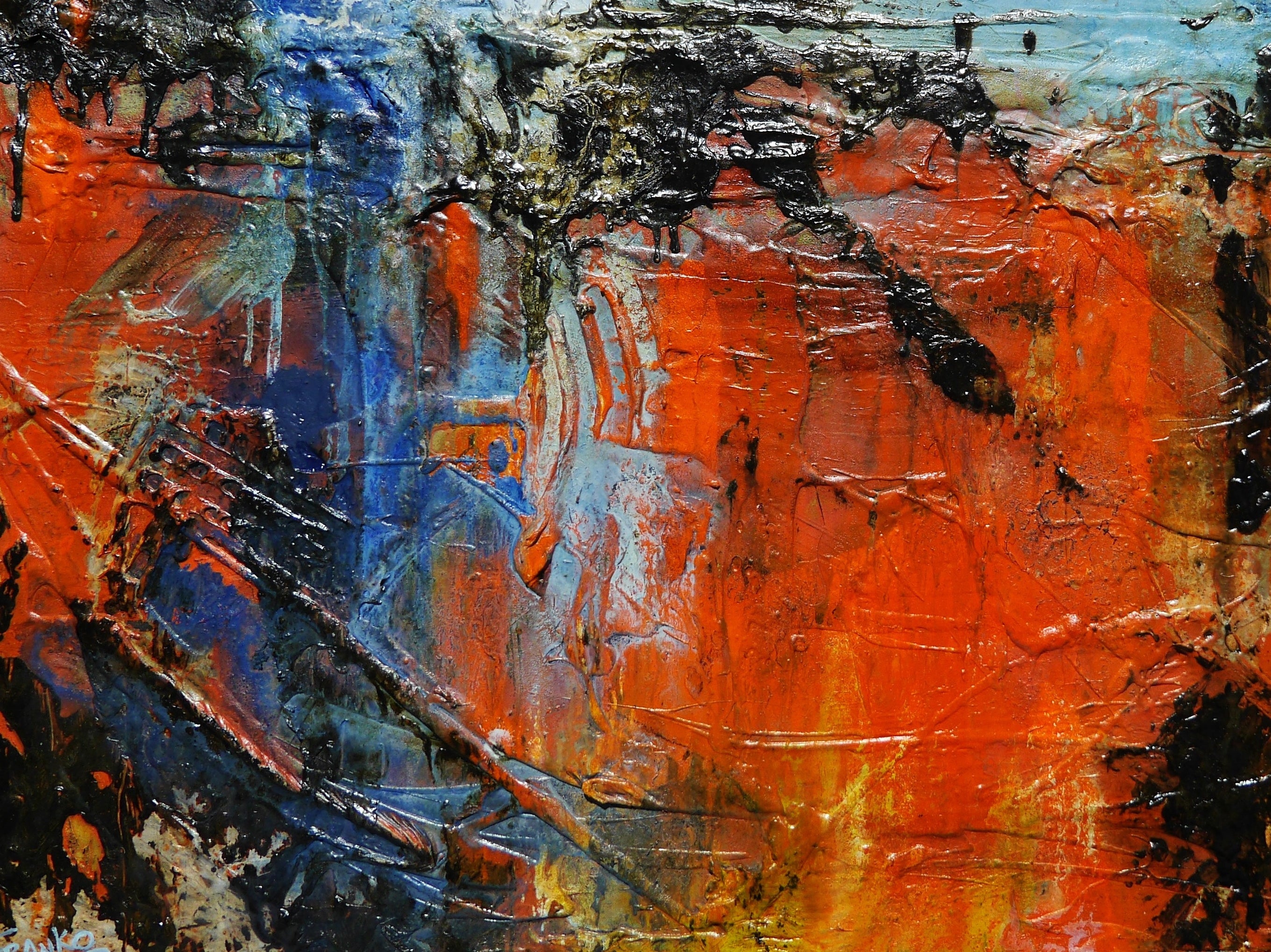 Orange Regatta 140cm x 100cm Textured Abstract Painting in Orange & Blue - Modern Wall Art for Living Room, Bedroom, or Office Decor