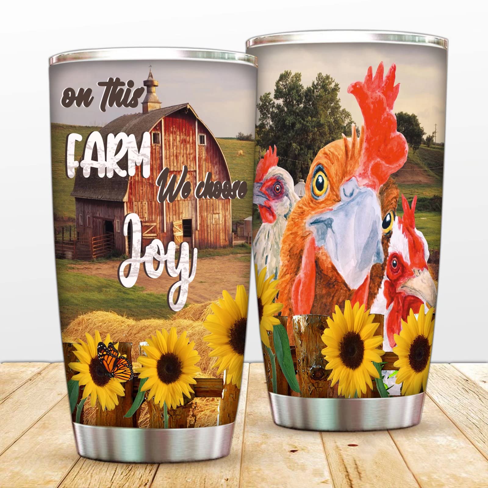 Farmhouse Rooster & Sunflower Design Vacuum Insulated Tumbler Cup - 20oz Double Walled Stainless Steel Coffee Mug with Lid - Perfect for Travel, Sports & Gifts (Birthday Present for Mom, Farmhouse Decor)