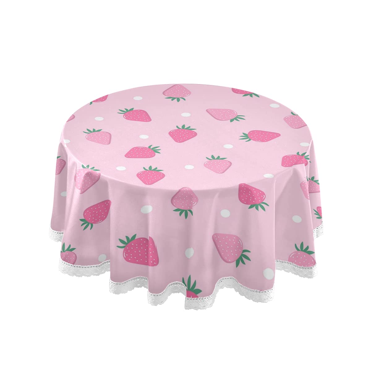AUUXVA 60 Inch Round Tablecloth - Cute Pink Strawberry Dot Design, Wrinkle-Resistant Lace Table Cover for Kitchen, Patio, Birthday Party & Dining Room Decor | Perfect for Indoor & Outdoor Celebrations