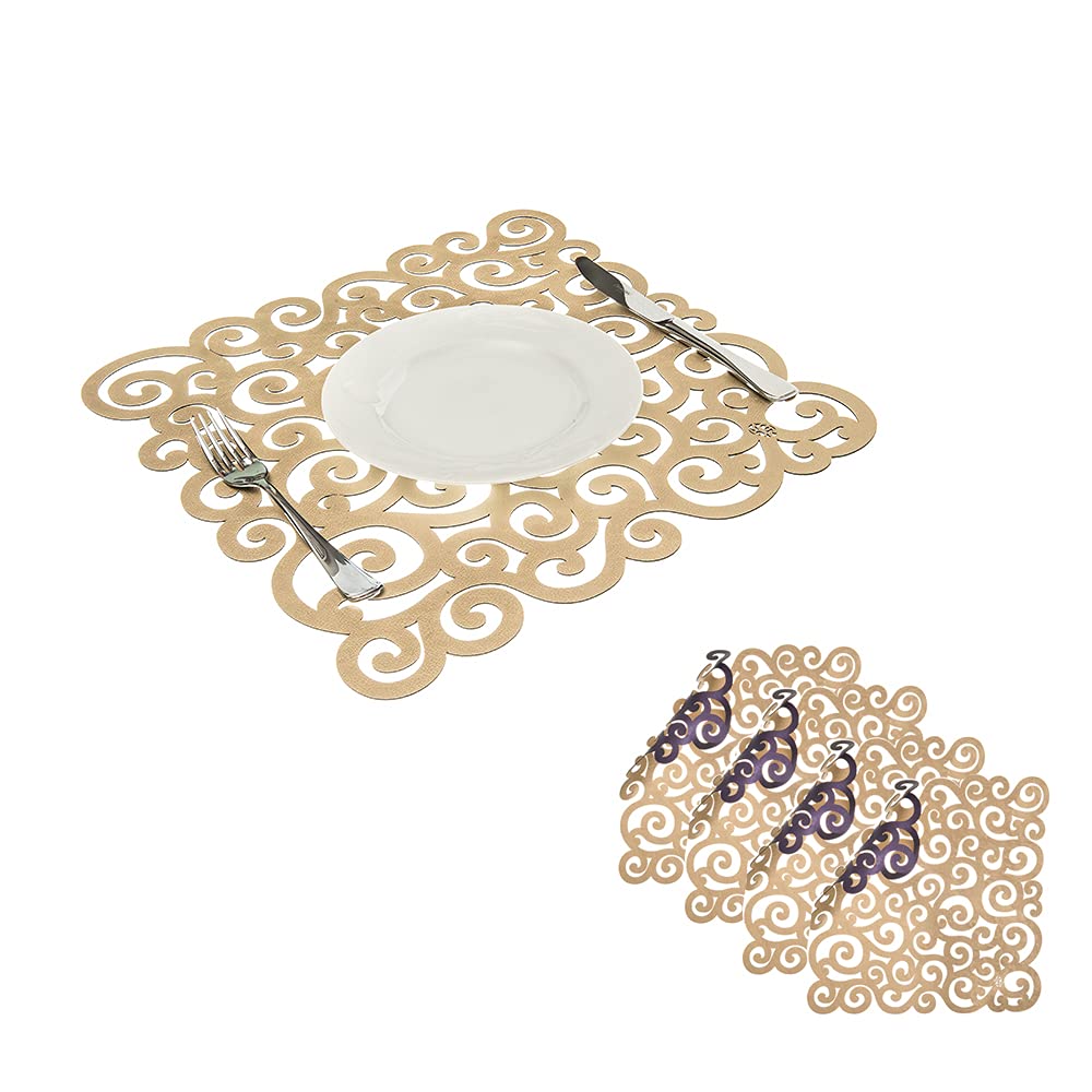 Mijal Gleiser Double Sided Laser Cut Placemats - Heat Resistant, Non Slip, Stain Proof Table Mats Set of 4 (Sea Snail Collection Gold & Purple) - Perfect for Dining Tables, Kitchen Countertops & Holiday Decorations