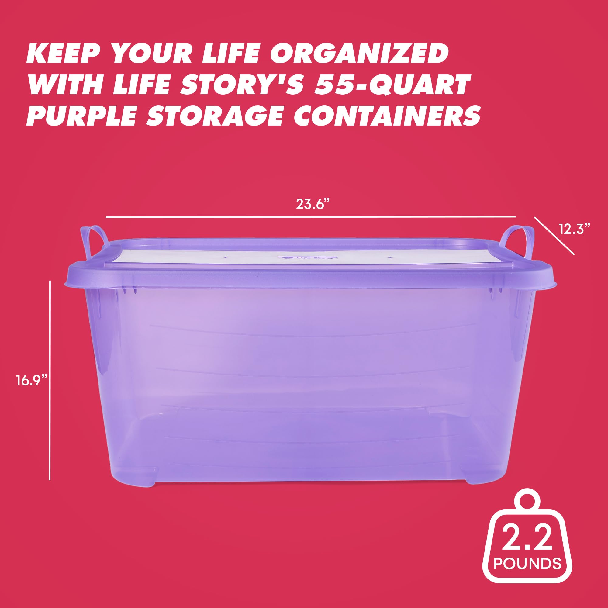12-Pack Stackable Plastic Storage Bins with Handles & Secure Snap Lids - 55 Quart Capacity, Purple - Perfect for Home Organization, Closet Storage & Toy Containers