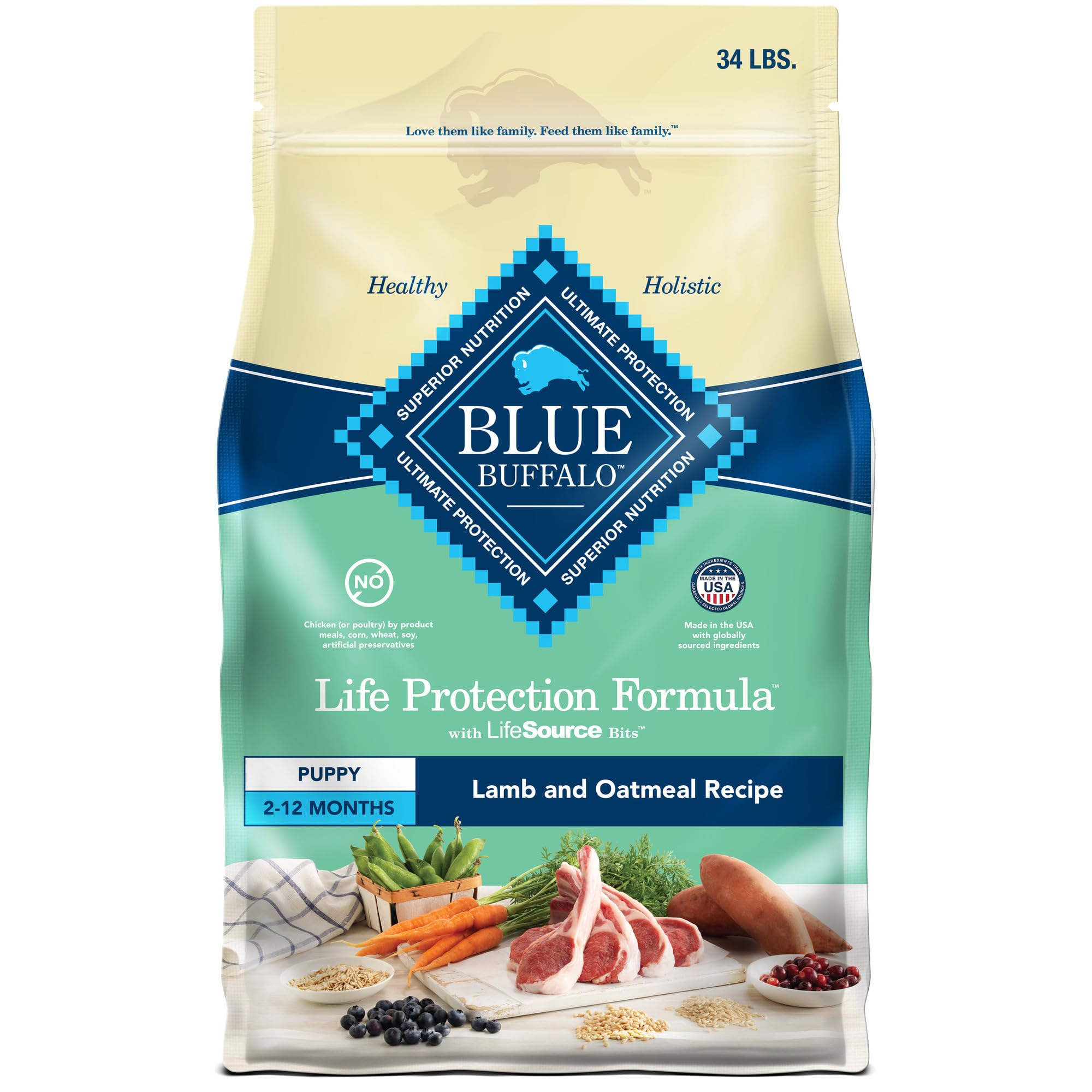 Blue Buffalo Life Protection Formula Puppy Dry Dog Food - Natural Lamb & Oatmeal Recipe with DHA & ARA for Brain Development, 34lb Bag - Perfect for Growing Puppies' Nutrition & Training Treats