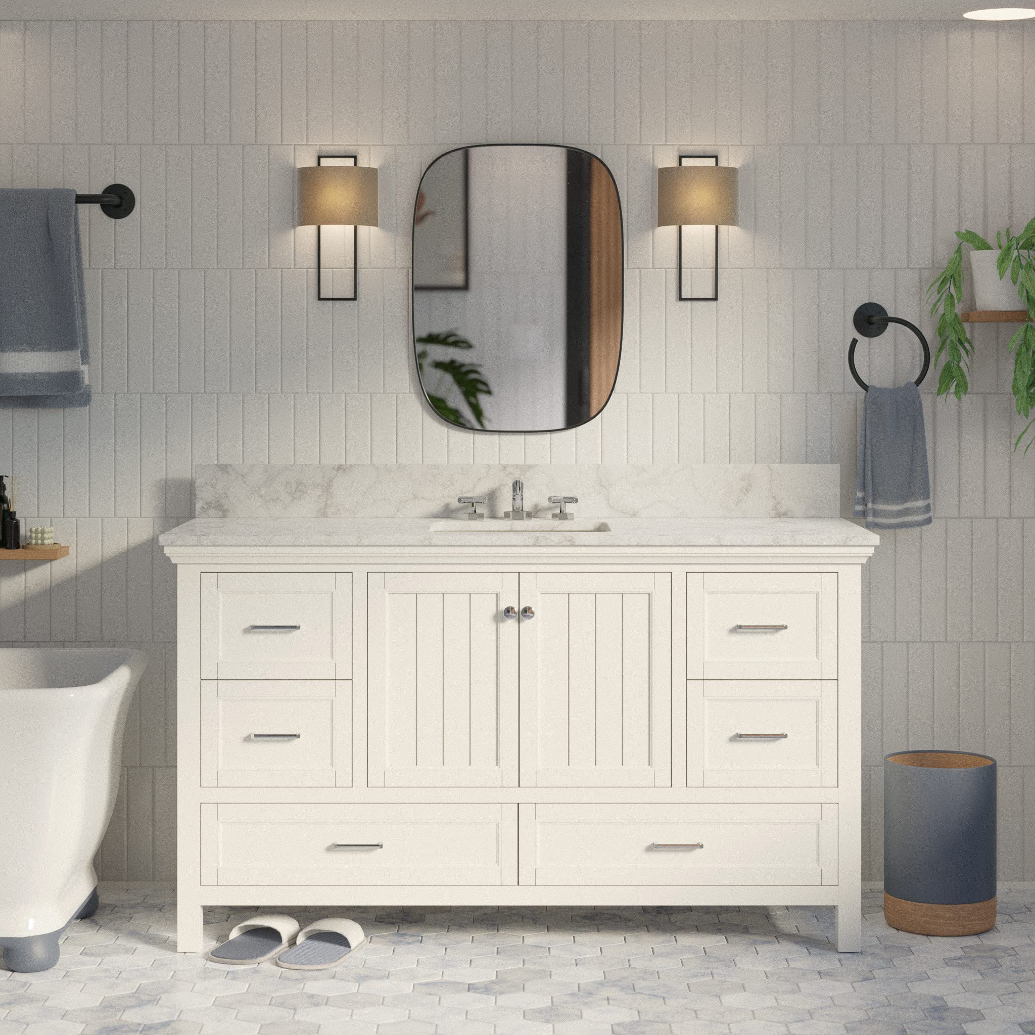 Paige 60-inch Single Bathroom Vanity with Carrara Marble Countertop & Ceramic Sink - White Bathroom Cabinet for Modern Home Decor | Perfect for Master Bath, Guest Bath & Small Space Remodeling