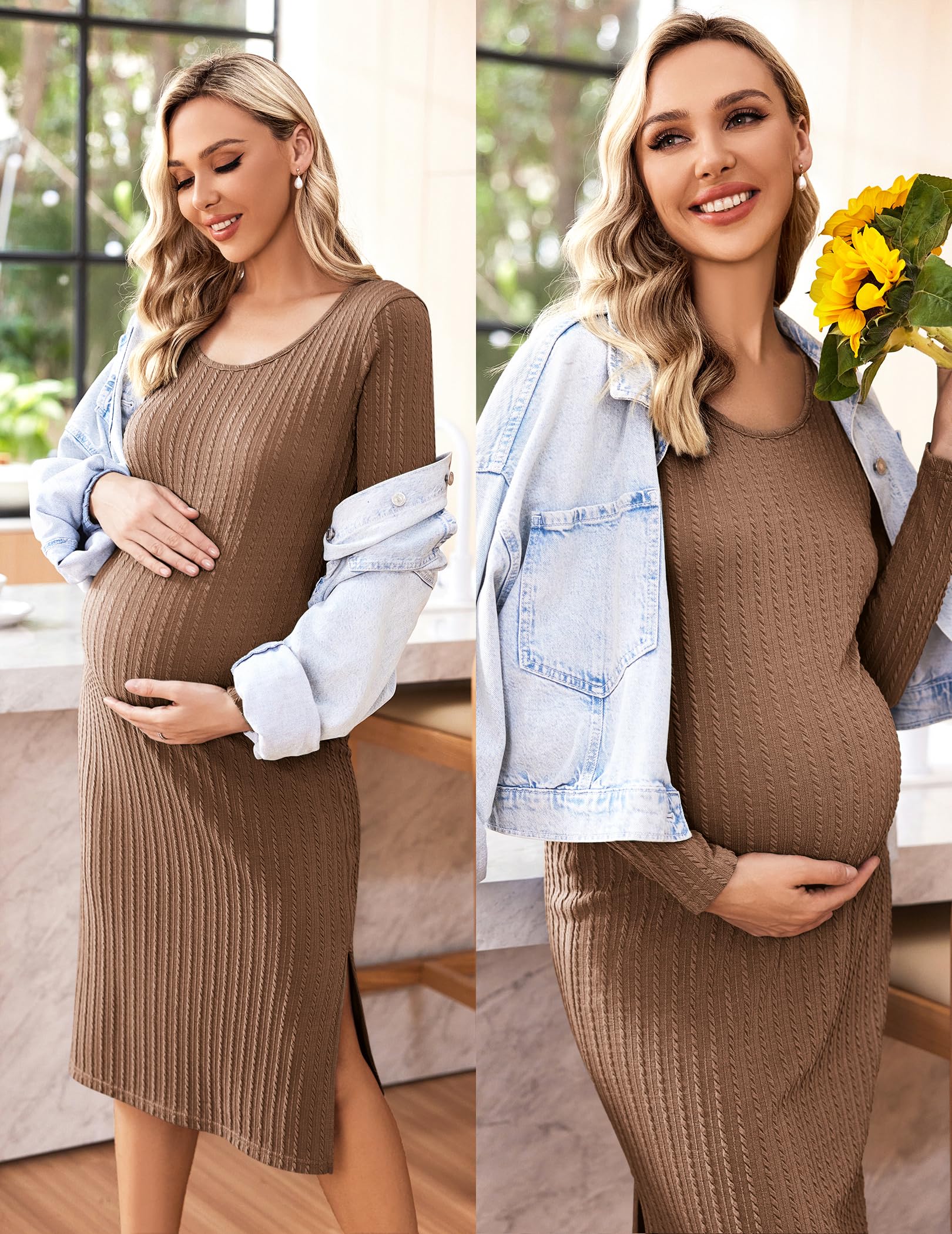 Ekouaer Maternity Dress - Soft Rib Knit Long Sleeve Bodycon Dress with Side Slit for Pregnancy & Baby Shower | Comfortable Nursing Clothes for Moms S-XXL | Perfect for Pregnancy Photos, Baby Showers & Everyday Wear