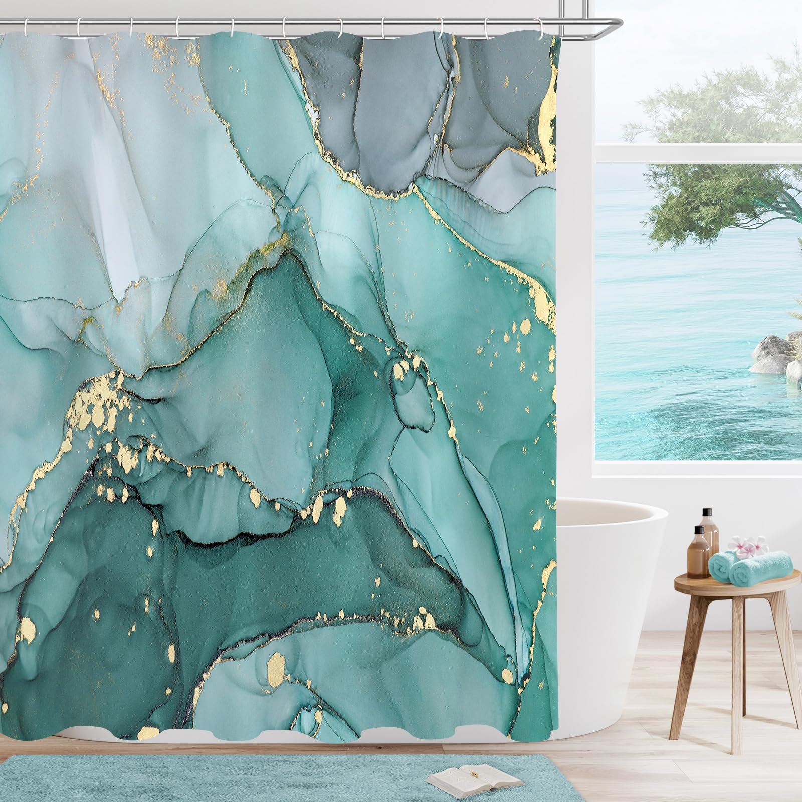 Gibelle Abstract Teal Marble Shower Curtain - Waterproof Fabric Bathroom Decor with Hooks, 72x72 Inches, Modern Ink Art Design for Spa-Like Shower Experience
