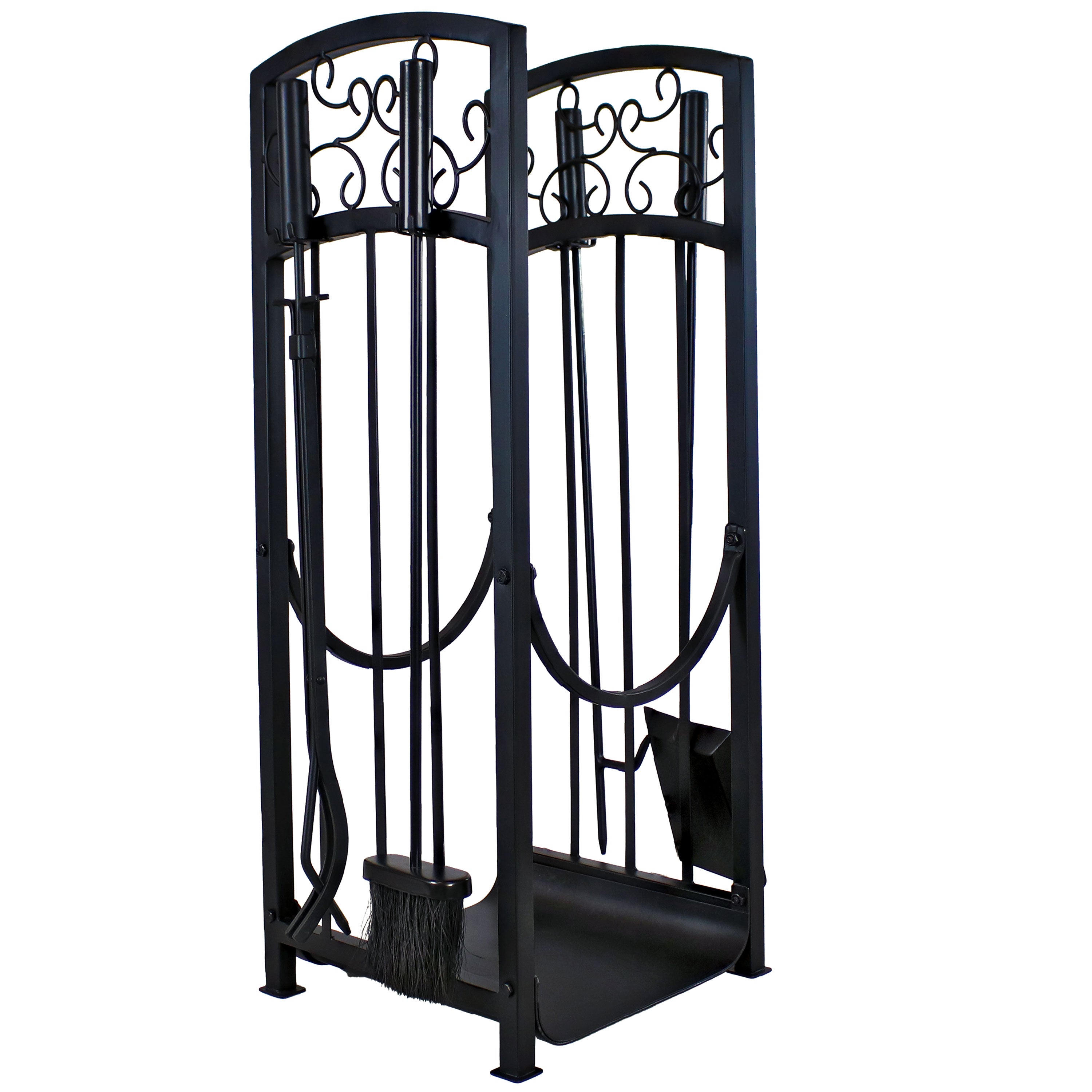 Sunnydaze Decorative Filigree Small Firewood Rack with 4-Piece Fireplace Tool Set - Compact Indoor/Outdoor Firewood Storage for Fireplace, Patio, and Camping Use