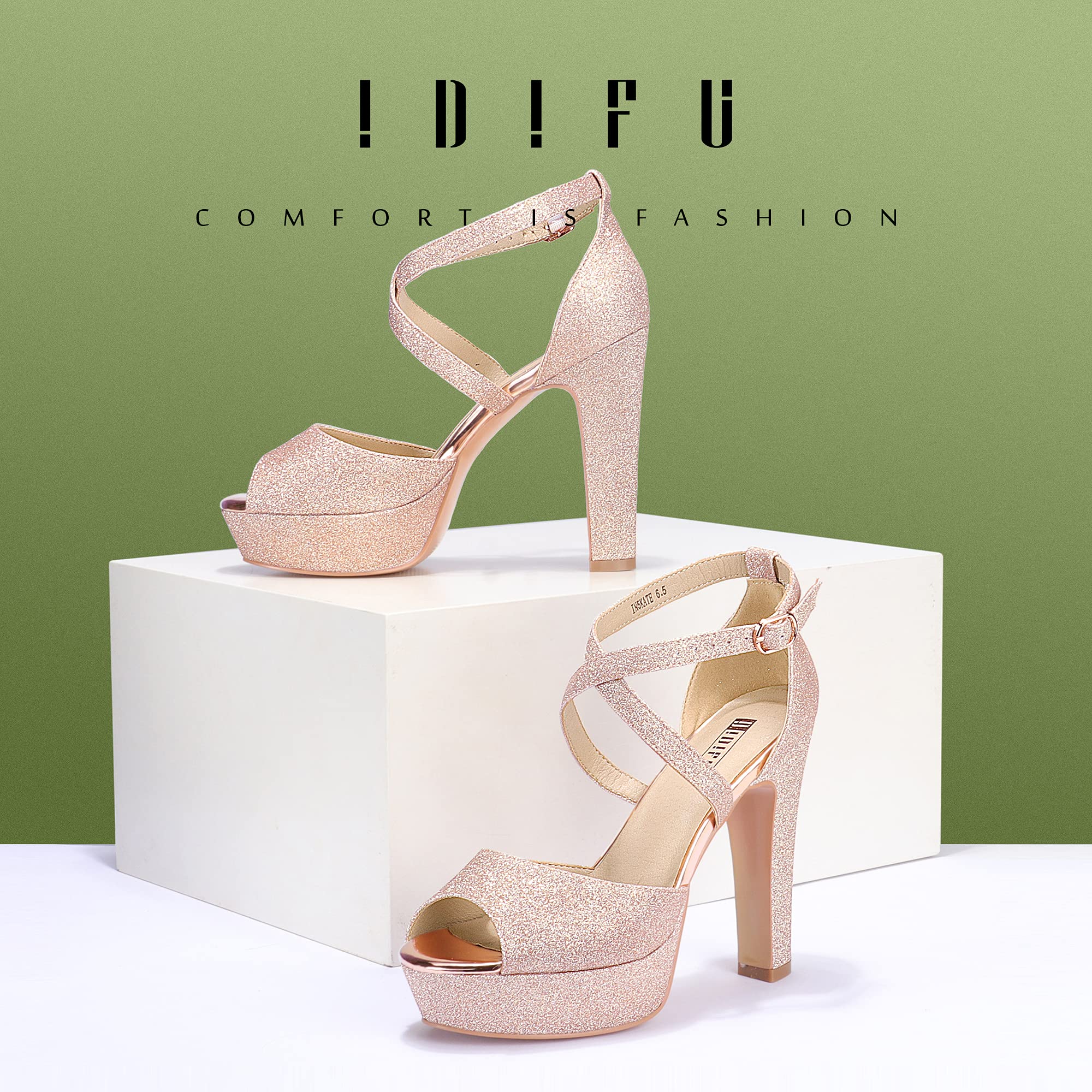 IDIFU Women's Chunky High Heel Sandals - Peep Toe Platform Dress Shoes with Ankle Strap for Wedding, Party, Evening Wear | Perfect for Brides, Prom, Date Night & Special Occasions