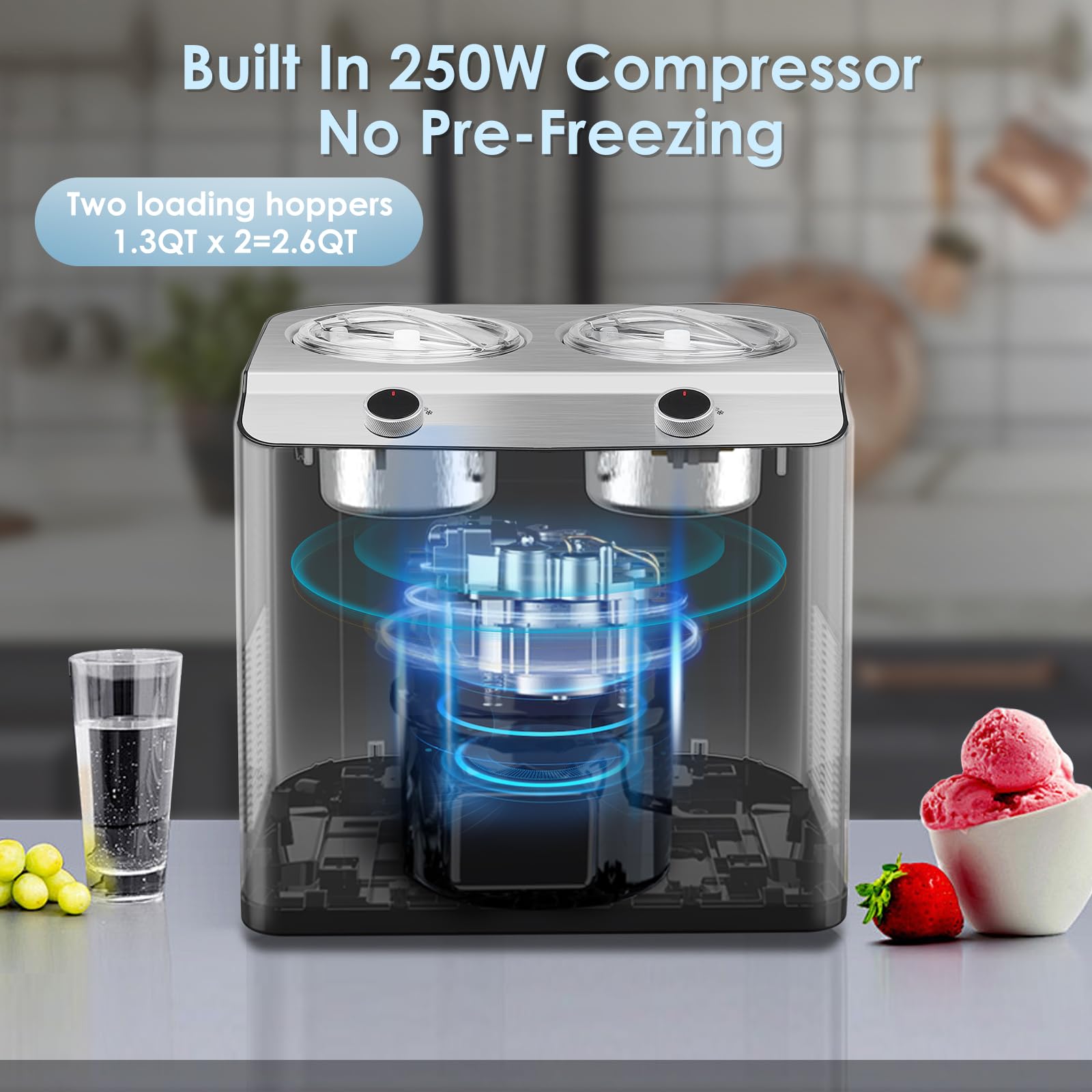 Homtone 2 Flavor Electric Ice Cream Maker with Compressor - 2.6QT (2 x 1.3QT) No Pre-Freezing Gelato & Sorbet Machine, 3 Modes & Keep Cool Function - Perfect for Home Parties, Summer Treats & Dessert Making