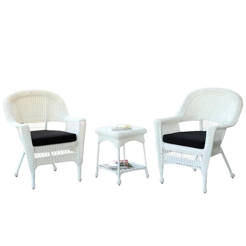 Carell Furniture 3-Piece White Wicker Patio Conversation Set with Black Cushions - Outdoor Garden, Poolside, or Backyard Seating for Relaxing and Entertaining