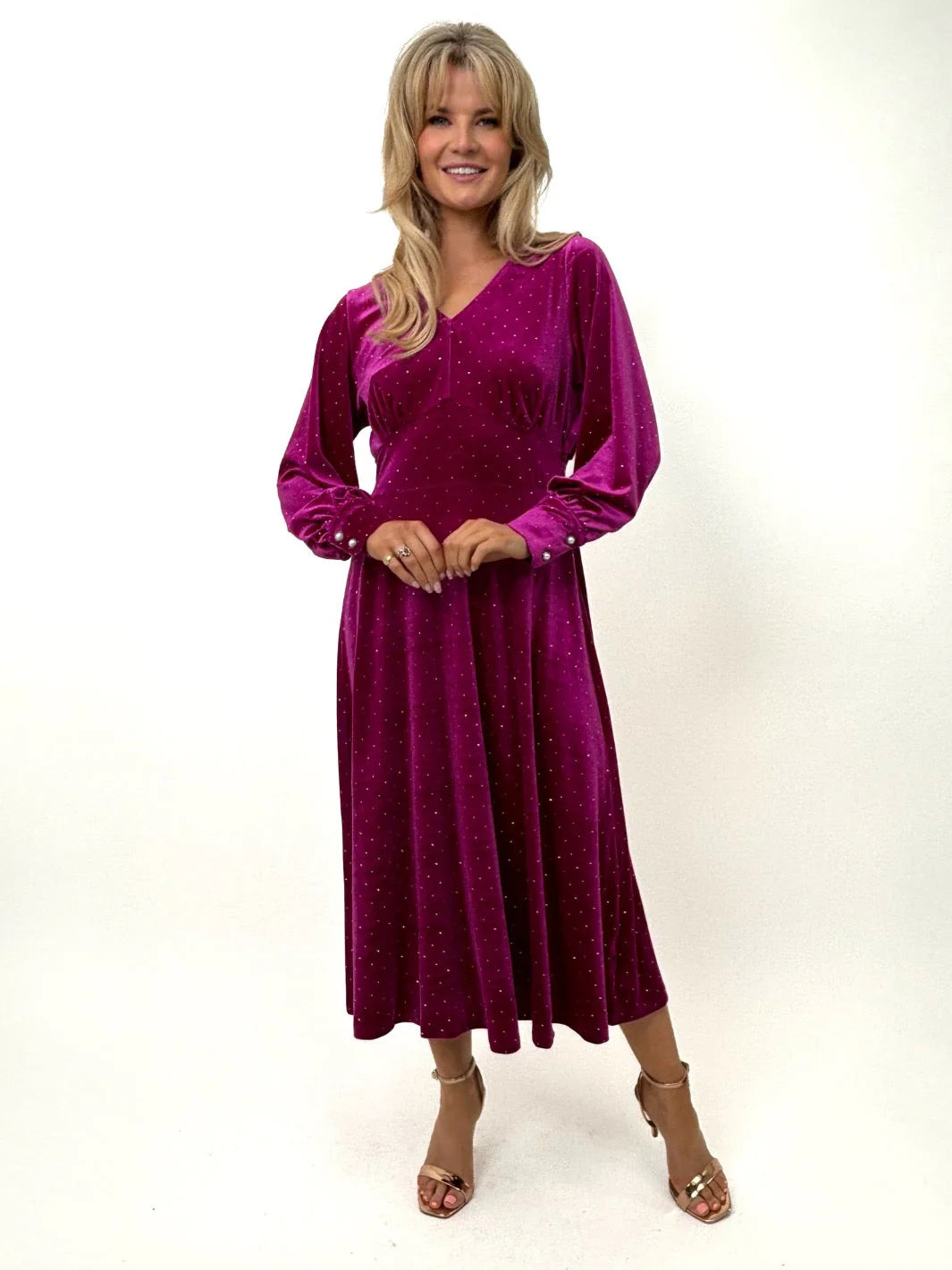 Elegant Ellen Velvet Rhinestone Midi Dress for Women - Pink Evening Party Gown | Perfect for Cocktail Parties, Weddings & Special Occasions