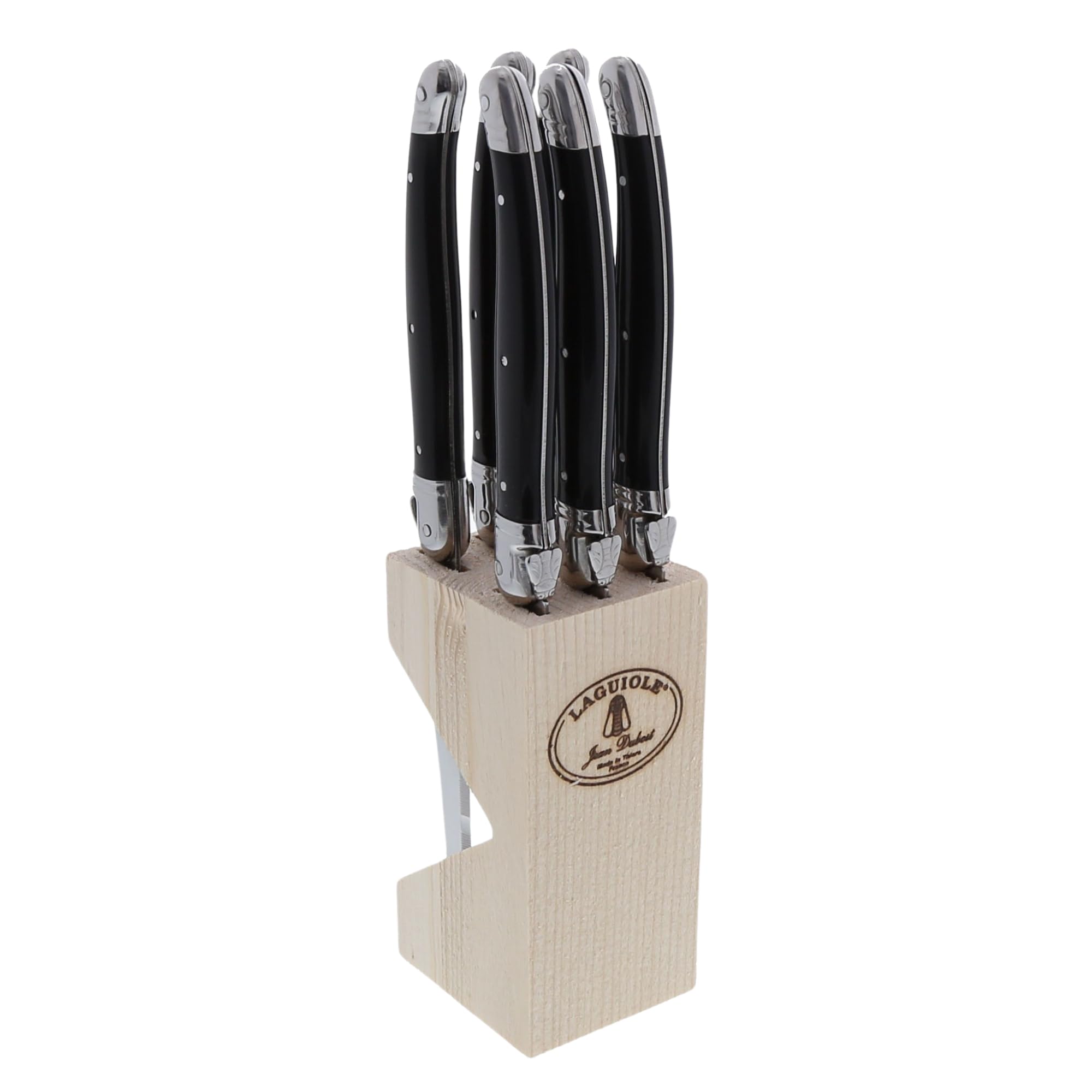 Premium Jean Dubost Laguiole 6-Piece Steak Knife Set with Black Handles - 1.2mm Rust-Resistant Stainless Steel Blades - Includes Wooden Storage Block - Made in France - Perfect for Steak Dinners, BBQ Parties & Gourmet Kitchen Gifts