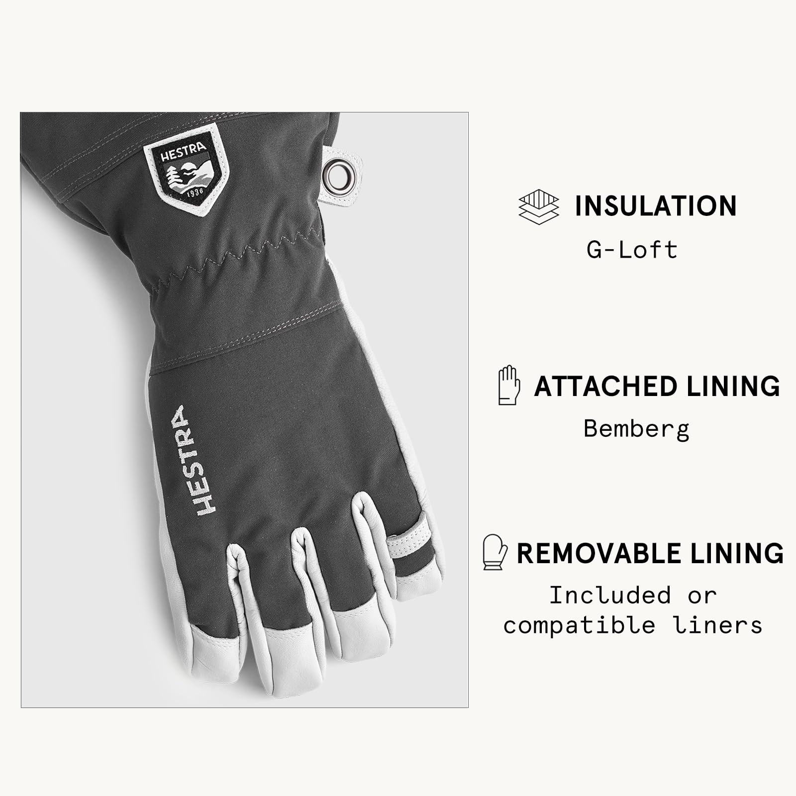 Hestra Unisex Army Leather Heli Ski Gloves - 5-Finger Waterproof Snow Gloves for Men & Women - Perfect for Skiing, Snowboarding & Winter Outdoor Activities