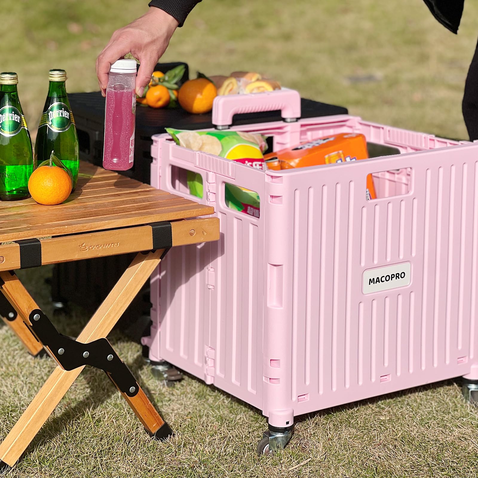 Foldable Utility Cart with Lid & 4 Rotating Wheels - Portable Rolling Handcart for Grocery Shopping, Office Supplies & Teacher Storage | Collapsible Trolley Basket for Home, School & Workplace (Pink)
