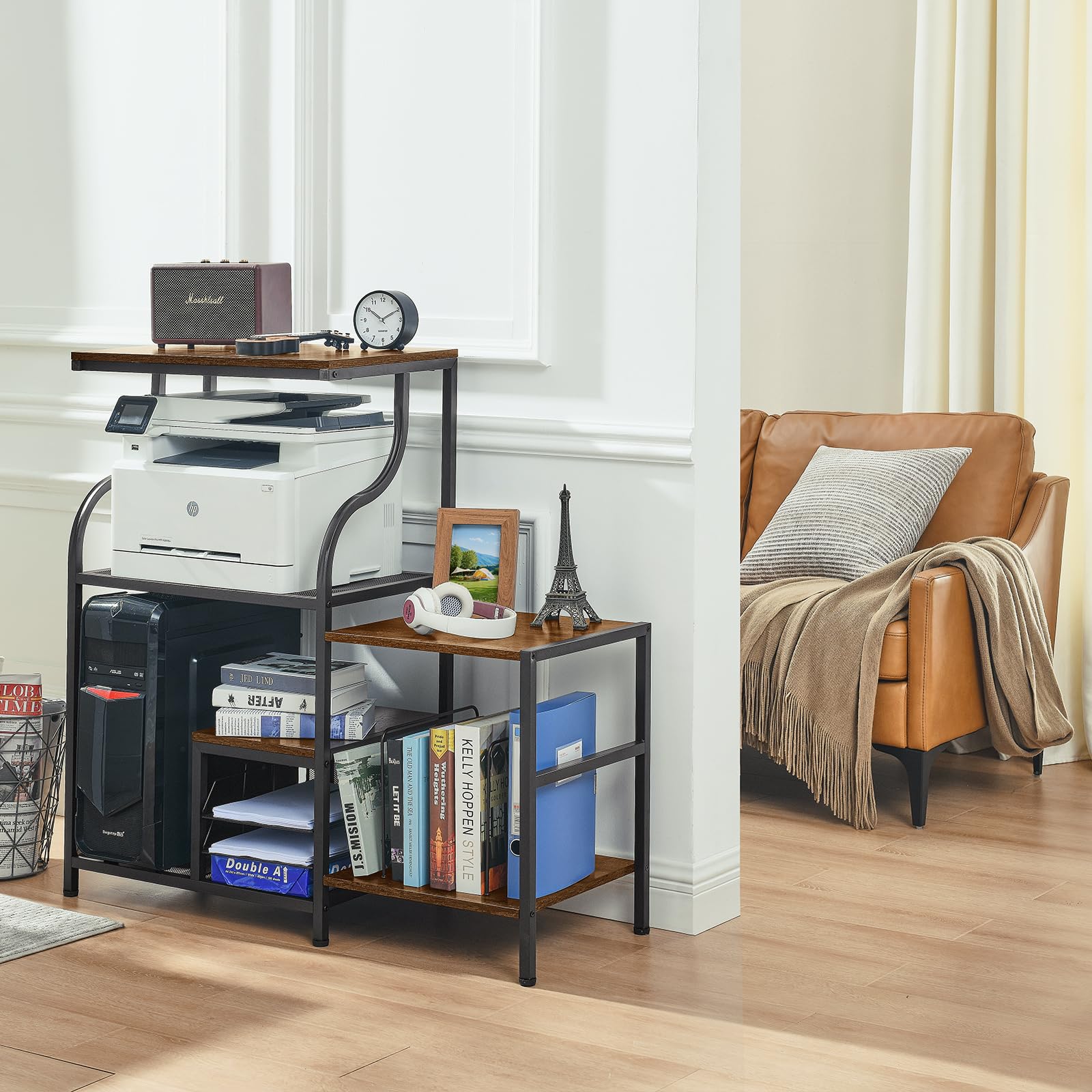 3-Tier Printer Stand with Storage Shelf - Large Rustic Brown Office Desk Organizer for Printer, Scanner, Fax Machine, Books & Files (41.7