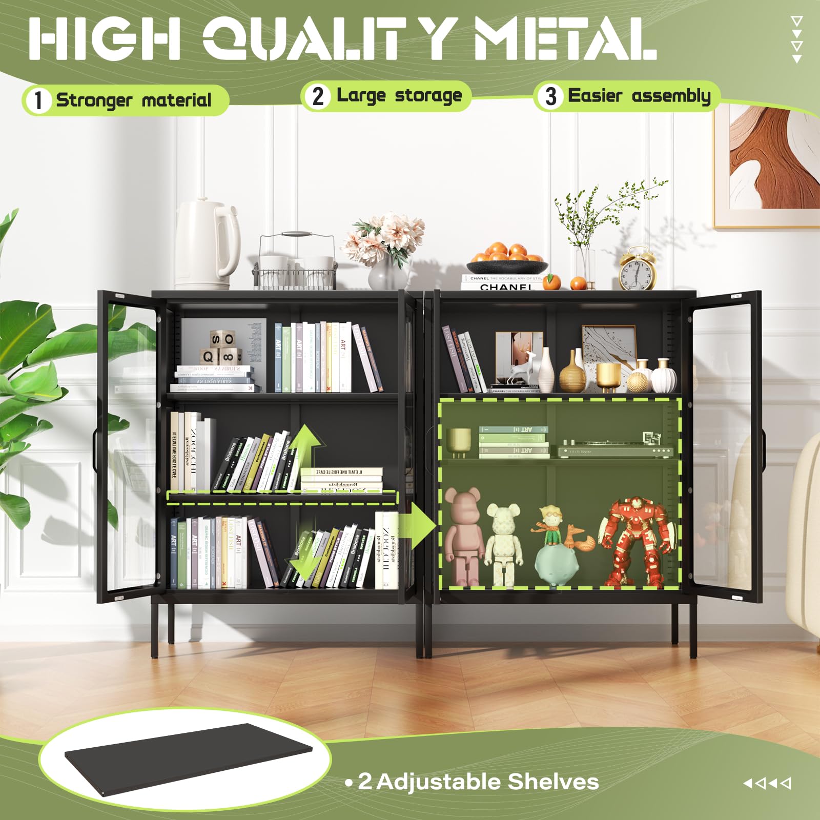 Betterland Black Metal Storage Cabinet with 2 Glass Doors & 2 Shelves - Lockable Curio Display Cabinet for Home, Pantry, Kitchen | Perfect for Showcasing Collectibles, Storing Spices & Organizing Kitchen Supplies
