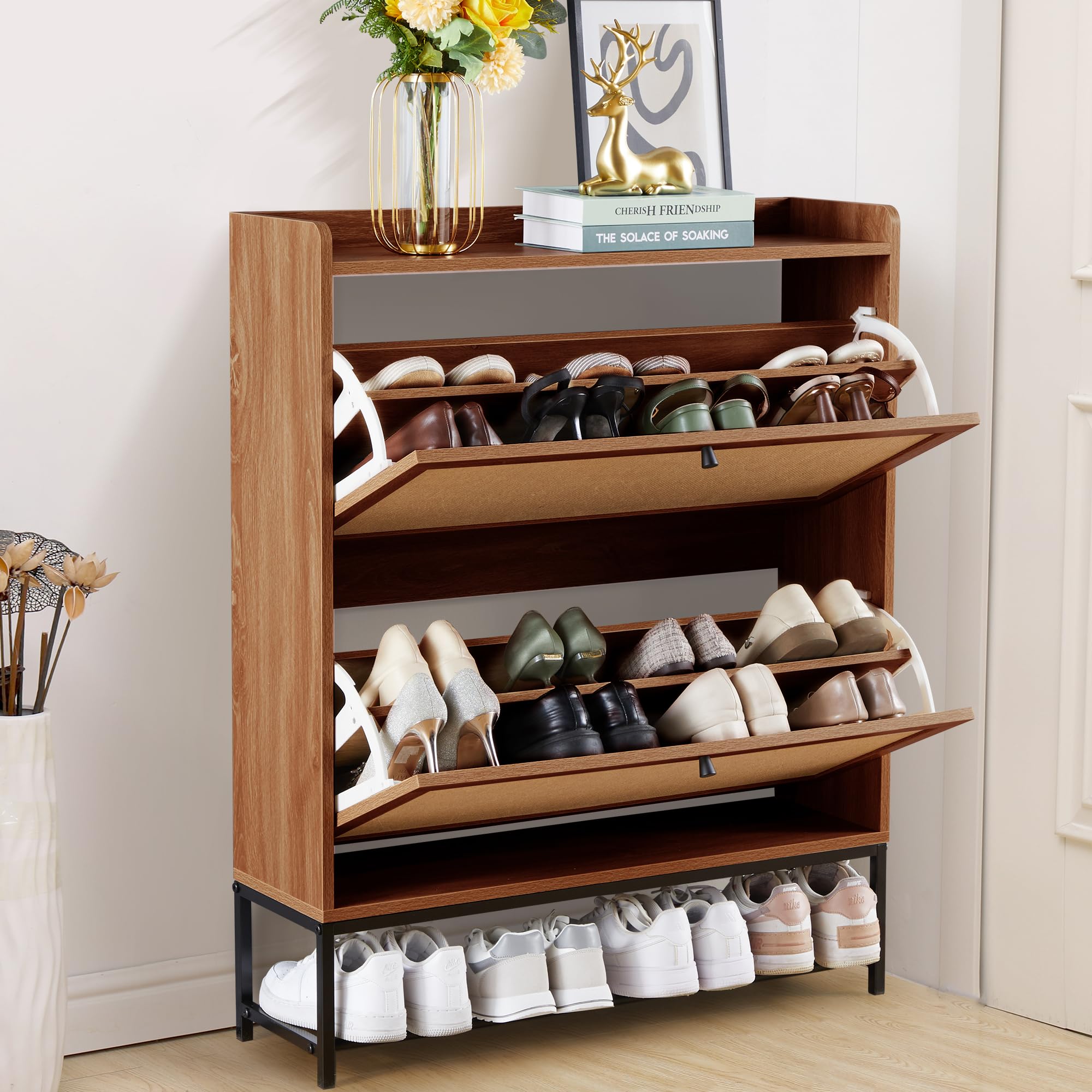 LEVNARY Wooden Shoe Storage Cabinet with 2 Flip Drawers - Narrow Entryway Shoe Organizer with Metal Legs, Freestanding Shoe Rack for Hallway (Walnut) | Perfect for Small Spaces, Apartment Entryways & Closet Organization