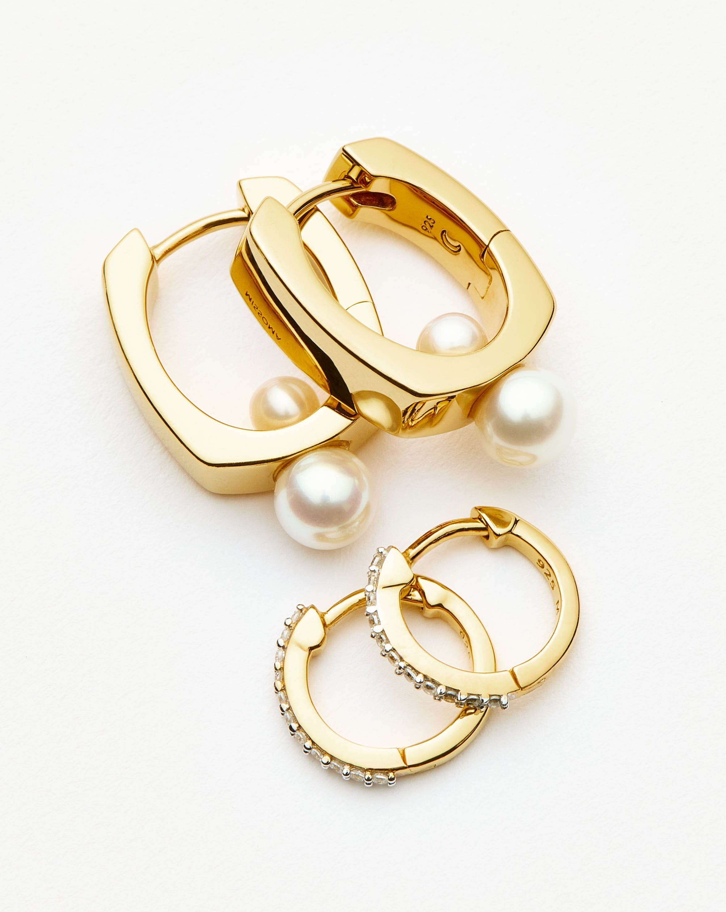18K Gold Vermeil Pearl & Cubic Zirconia Small Hoop Earrings Set - Elegant Square & Pave Design for Women, Perfect for Wedding, Party & Everyday Wear