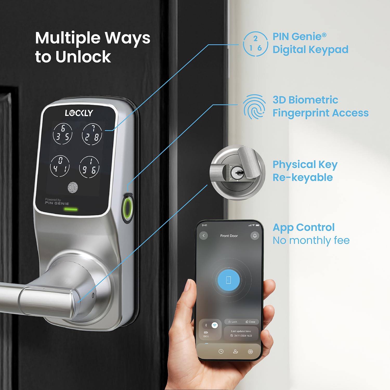 Lockly Secure Pro Smart Lock with Wi-Fi, Keyless Entry Digital Keypad & 3D Biometric Fingerprint Sensor - Touchscreen Front Door Lock with Handle, Voice Control & Auto-Lock (Latch Edition) - Perfect for Smart Homes, Vacation Rentals & Enhanced Home Security