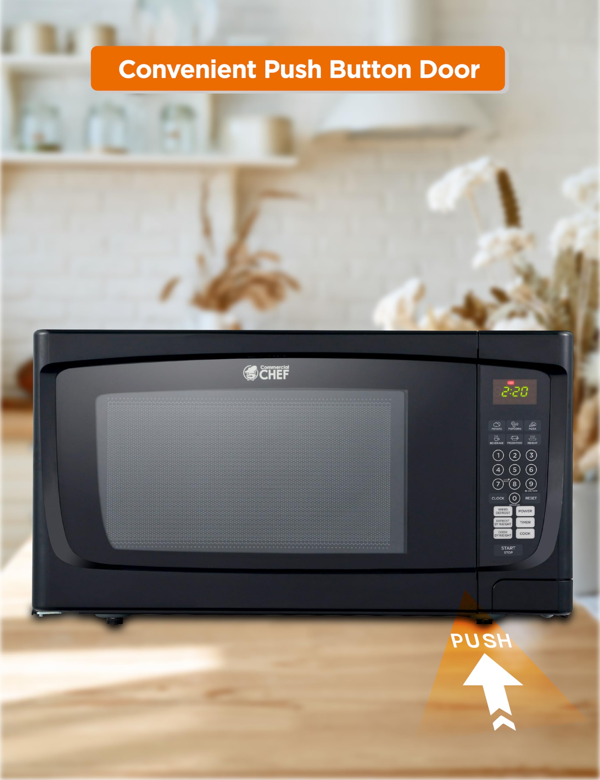 Commercial Chef 1.6 Cu Ft 1000W Countertop Microwave Oven - 10 Power Levels, Digital Push Button Controls, Timer - Perfect for Small Kitchens, Dorms, Offices & RVs