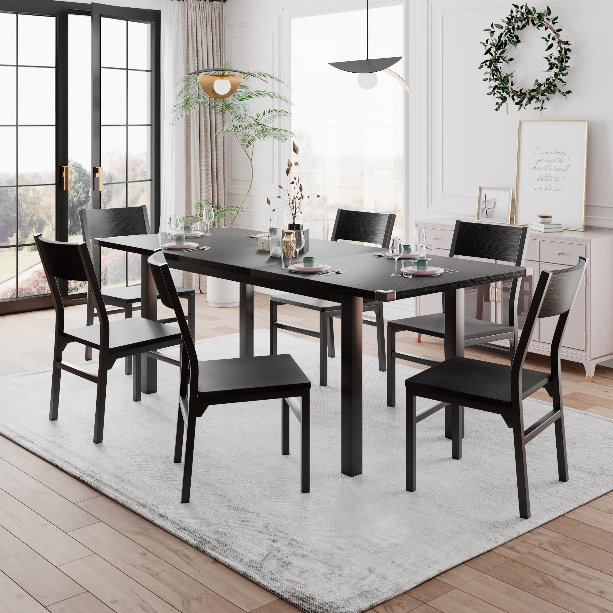 Feonase 63 Inch Extendable Dining Table Set with 6 Chairs - 7-Piece Mid-Century Modern Kitchen Table for Small Spaces, Heavy Duty Metal Frame in Black | Perfect for Apartments, Breakfast Nooks & Compact Dining Areas