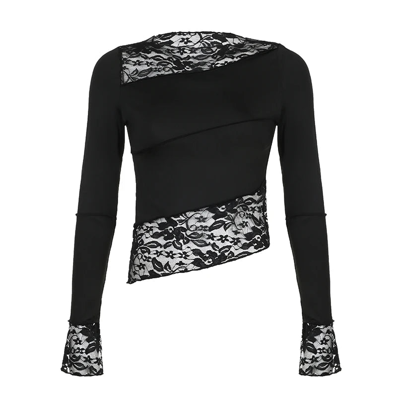Women's Asymmetrical Stitched Skinny T-Shirt - Lace Spliced Fashion Crop Top for Party & Night Out | Elegant Slim Fit Tee for Casual Wear, Date Night & Club Outfits