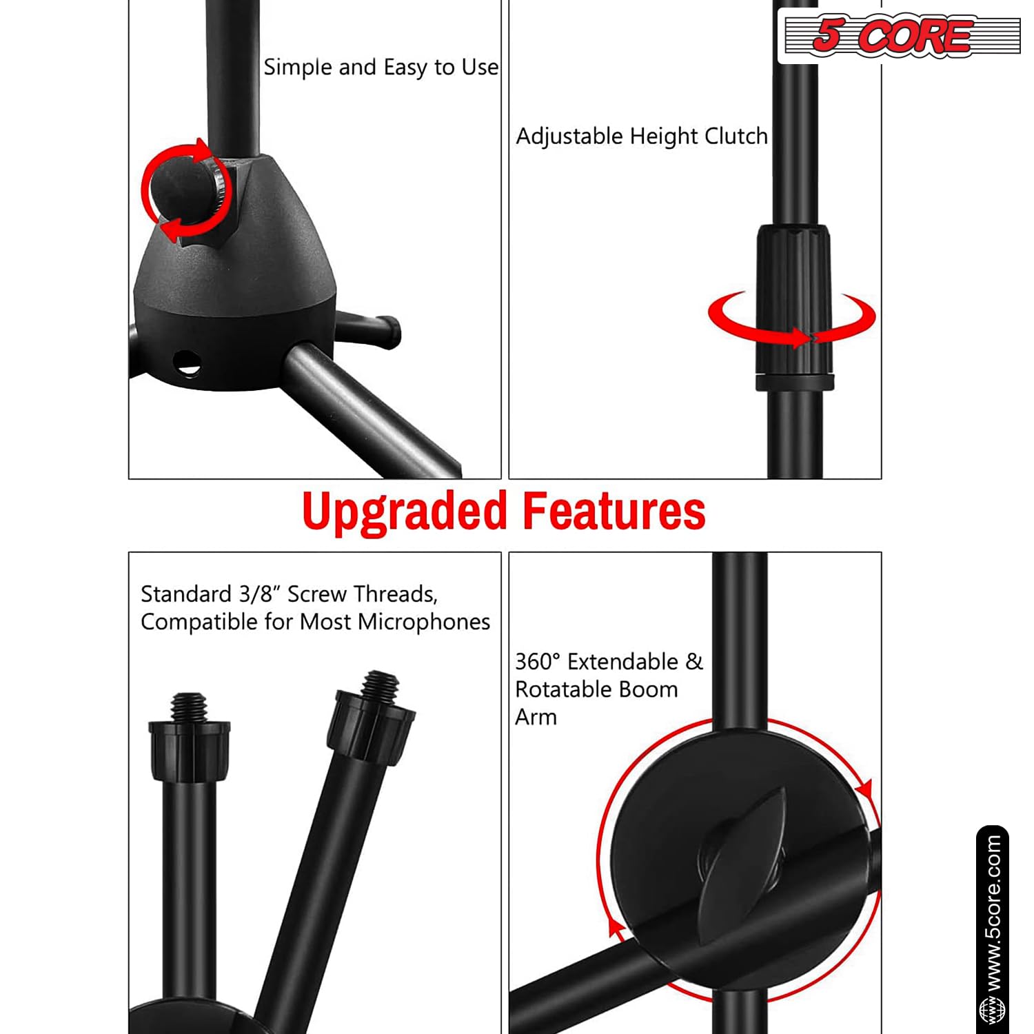 5 Core Heavy Duty Adjustable Tripod Mic Stand (31-76 Inches) with 360° Rotating Boom Arm & Dual Mic Holder - Perfect for Podcasting, Live Streaming & Studio Recording