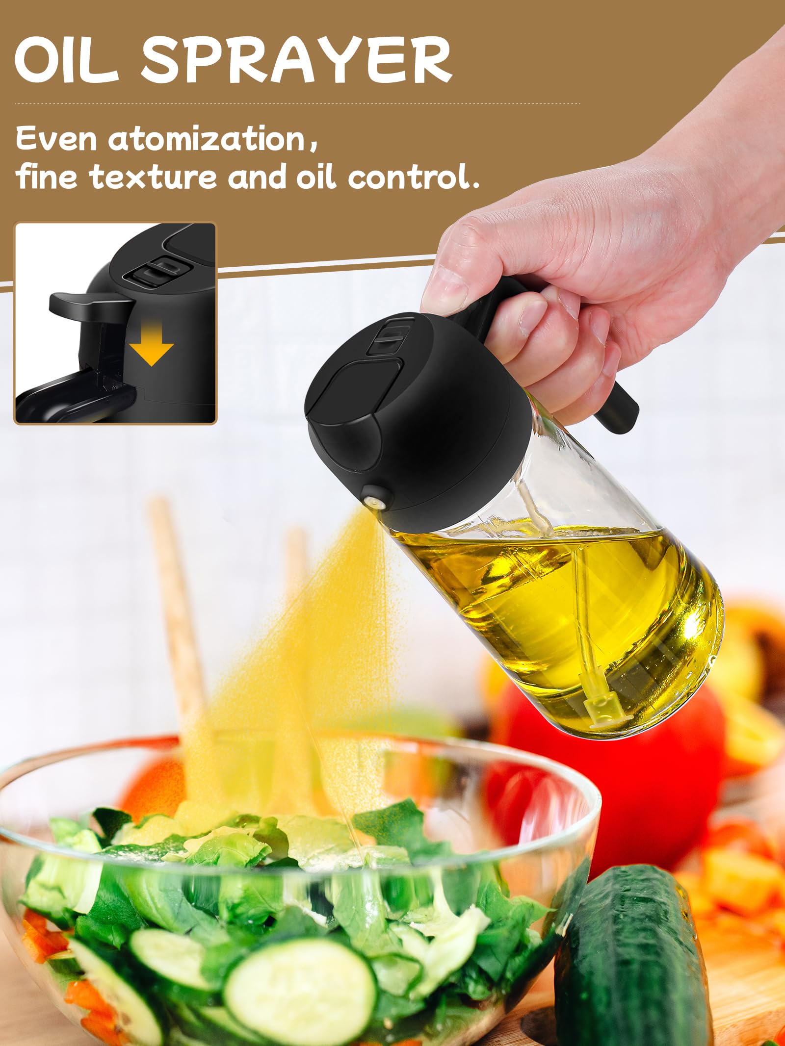 2-in-1 Oil Dispenser & Sprayer Bottle - 16oz Olive Oil Sprayer for Cooking, Air Fryer, Salad & Grill - Premium Kitchen Gadgets (2-Pack, Black) - Perfect for Healthy Cooking & Meal Prep