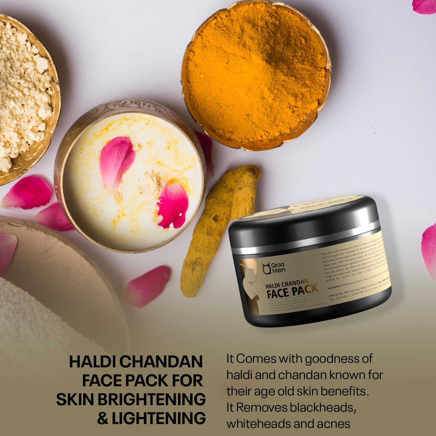 Qraa Men Haldi Chandan Face Pack - Turmeric & Sandalwood Brightening Face Mask for Men (120g) | Natural Skin Lightening Treatment | Reduces Acne, Blackheads & Oily Skin | Perfect for Daily Skincare Routine & Post-Shave Soothing