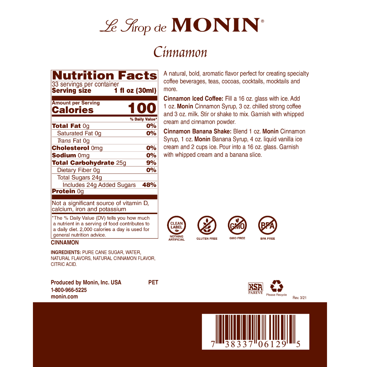 Monin Cinnamon Syrup - Premium Gourmet Flavoring for Coffee, Cocktails & Baking (25.4 oz) | Perfect for Lattes, Desserts & Holiday Drinks