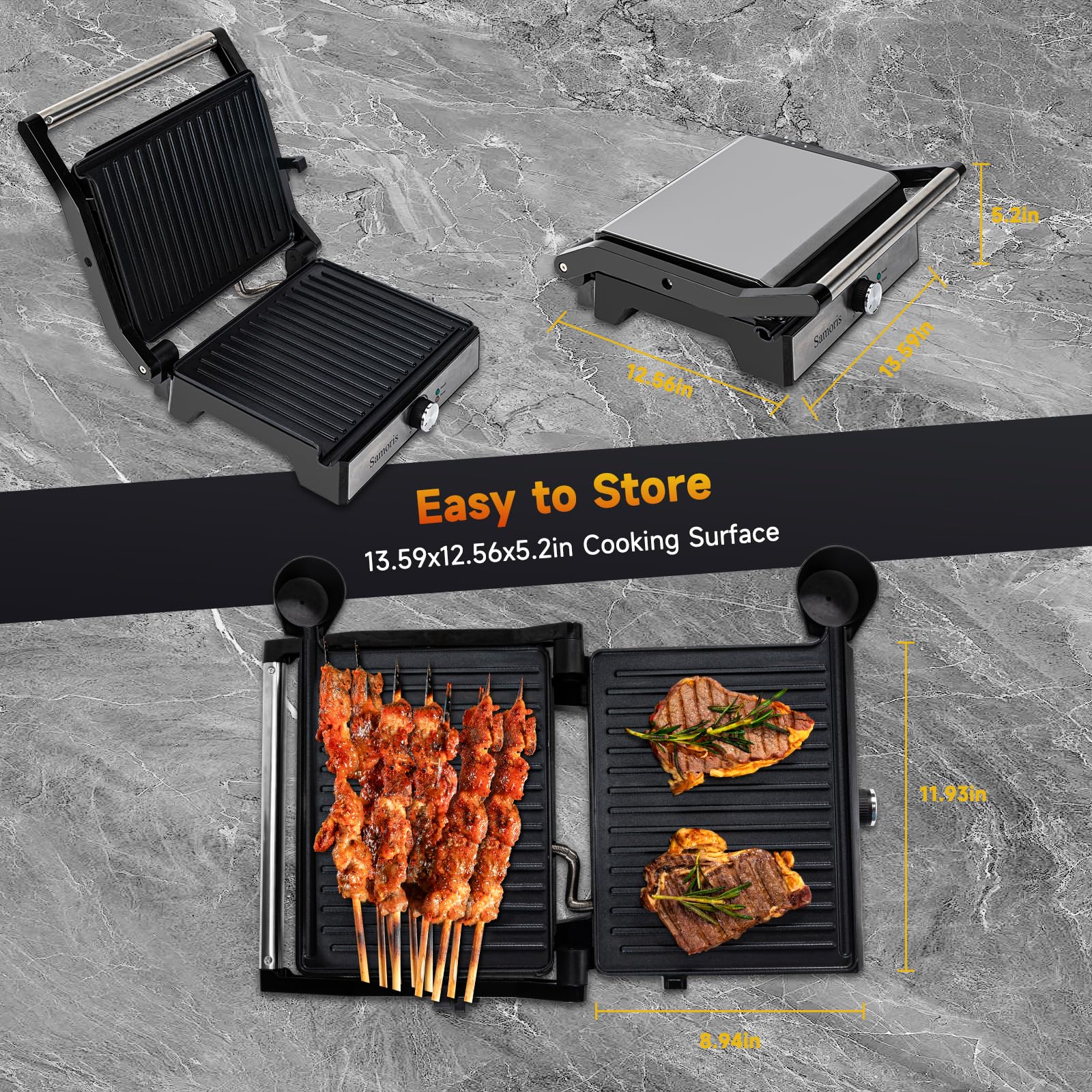 Samoris 4-Slice Panini Press Grill & Sandwich Maker - 1600W Non-Stick Indoor Grill with Adjustable Temperature, 180° Open Design, Indicator Light & Locking Lid - Perfect for Home Kitchen, Parties & Quick Meals